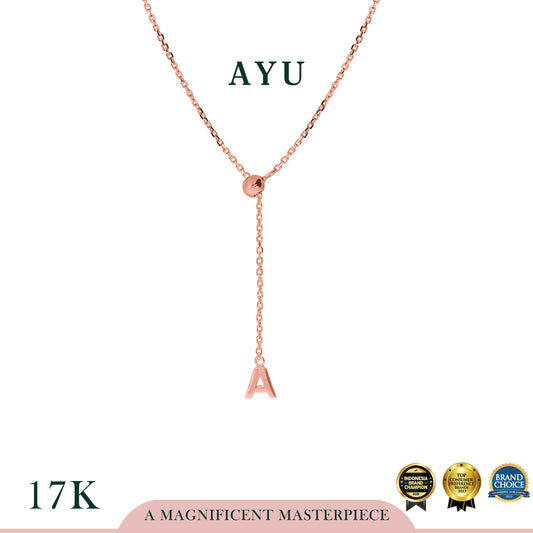 AYU Kalung Emas - Mini Gold Block Initial Lariat Necklace 17k Rose Gold