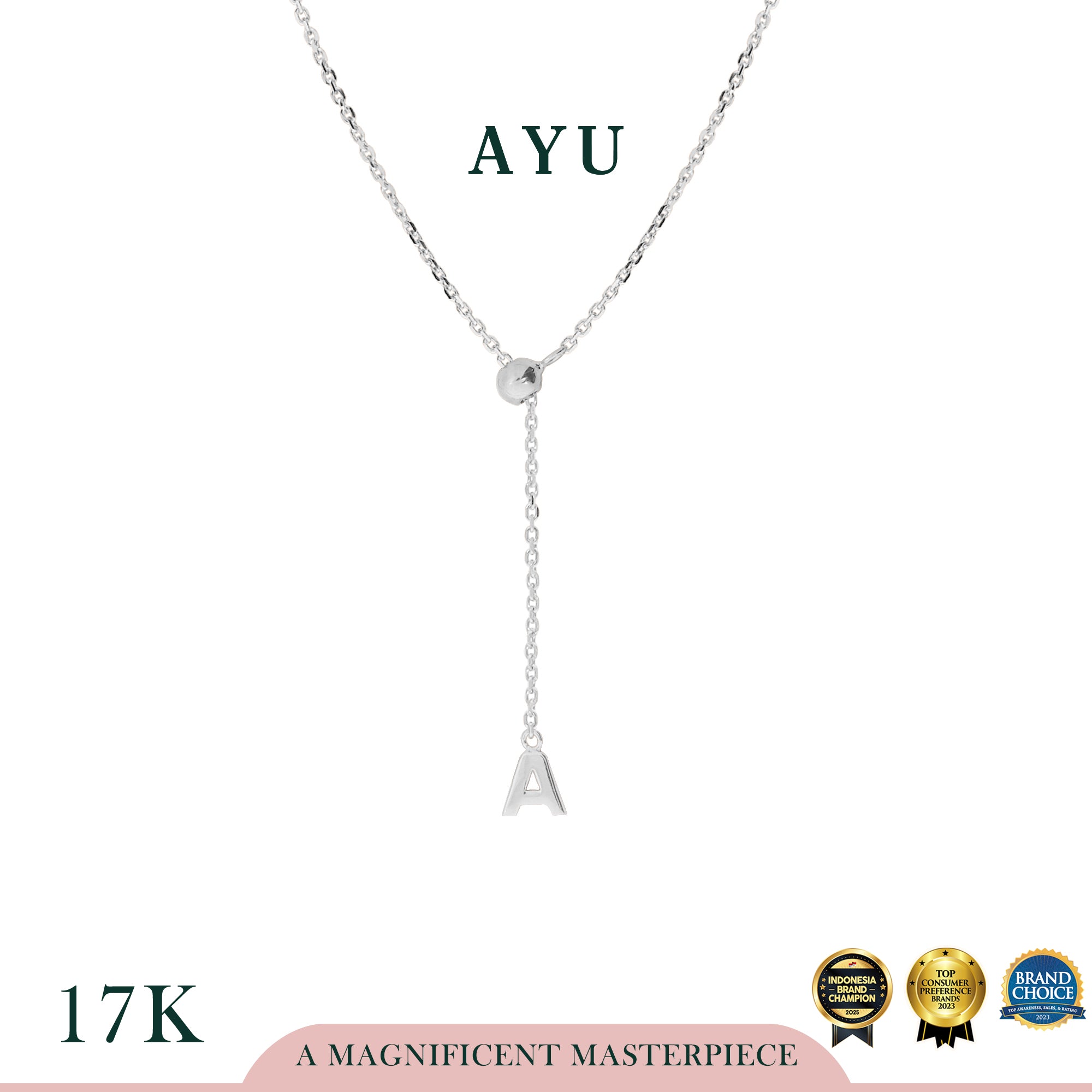 AYU Kalung Emas - Mini Gold Block Initial Lariat Necklace 17k White Gold