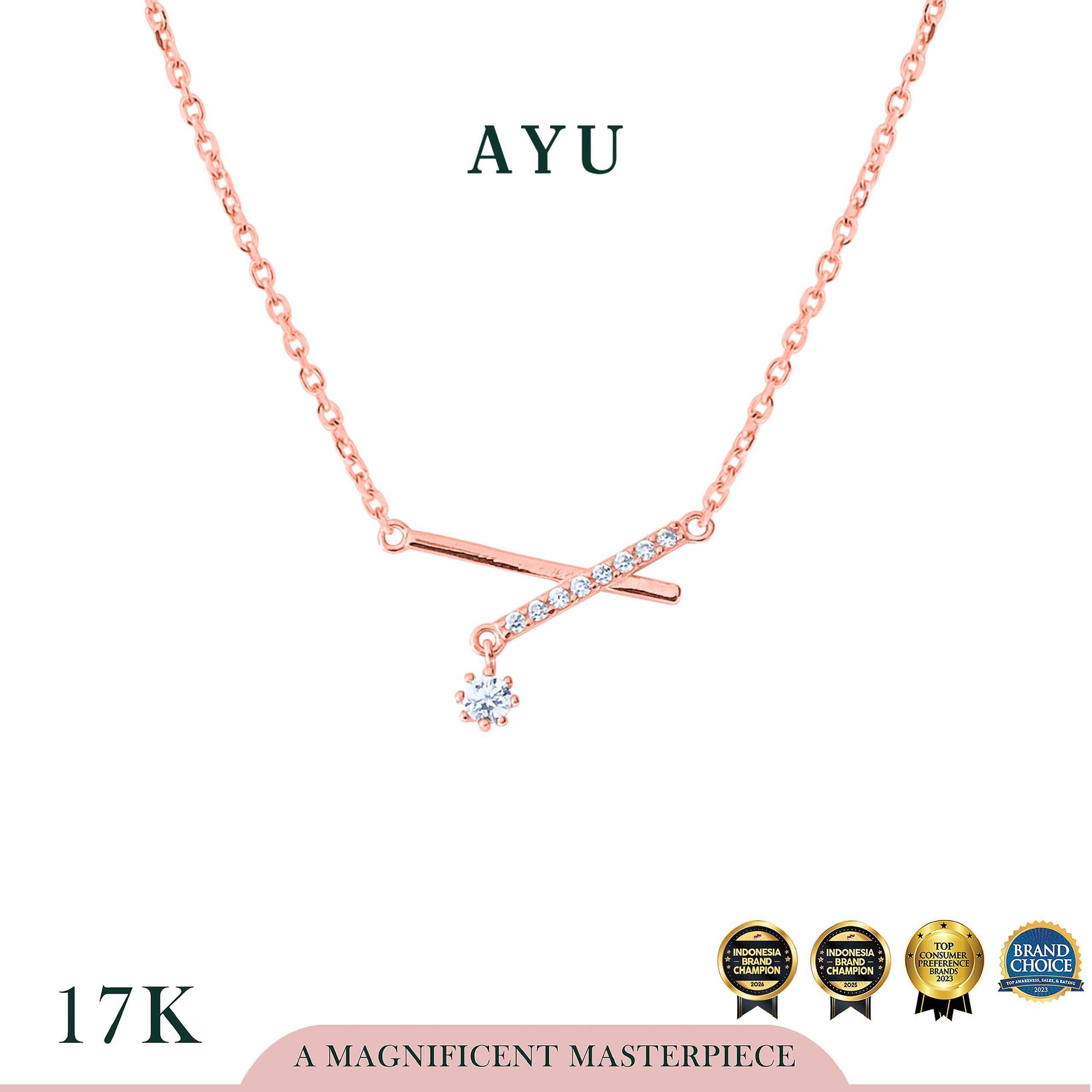 AYU Kalung Emas - Mini Solitaire On X Bar Chain Necklace 17k Rose Gold