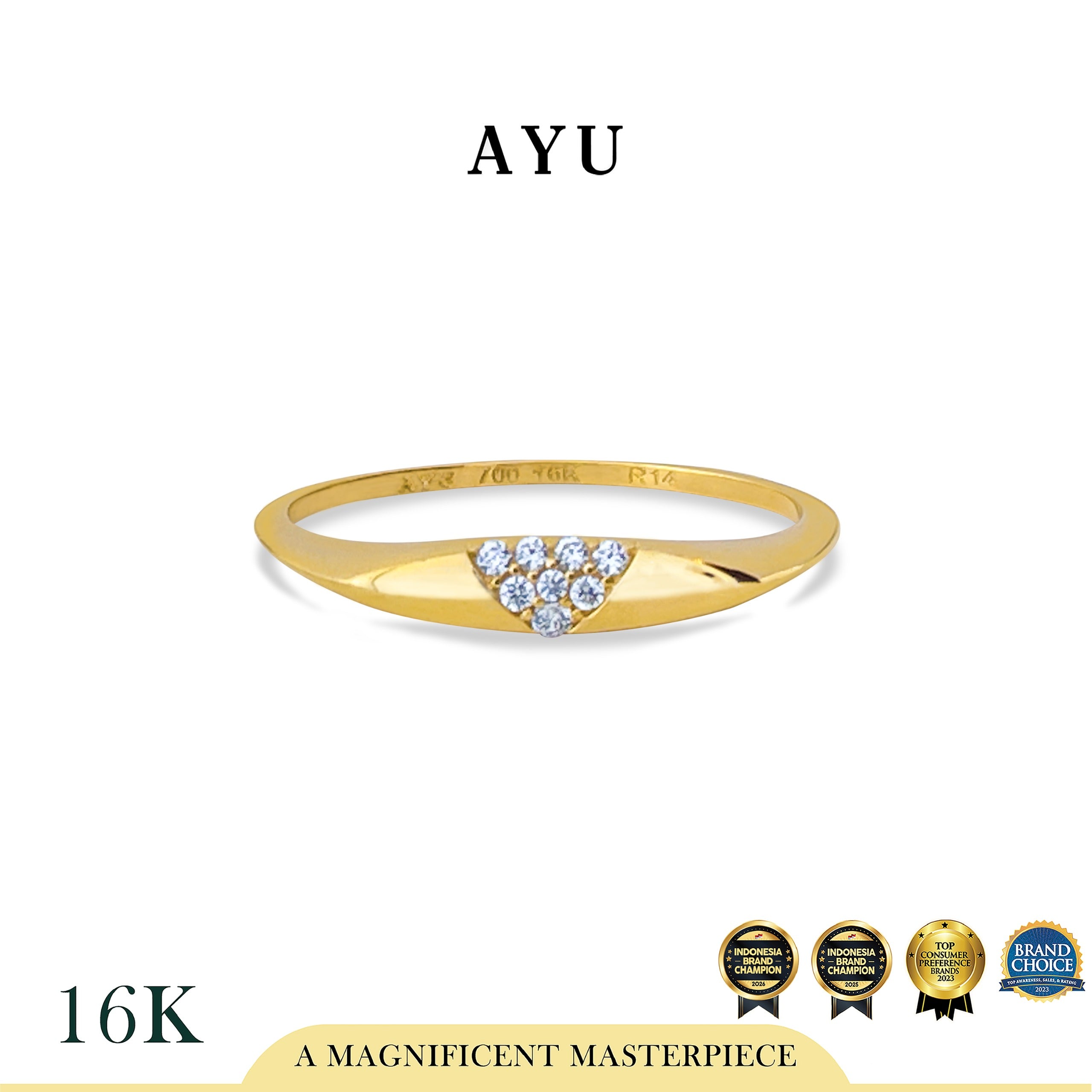 AYU Cincin Emas - Mini V Pave Signet Ring 16k Yellow Gold