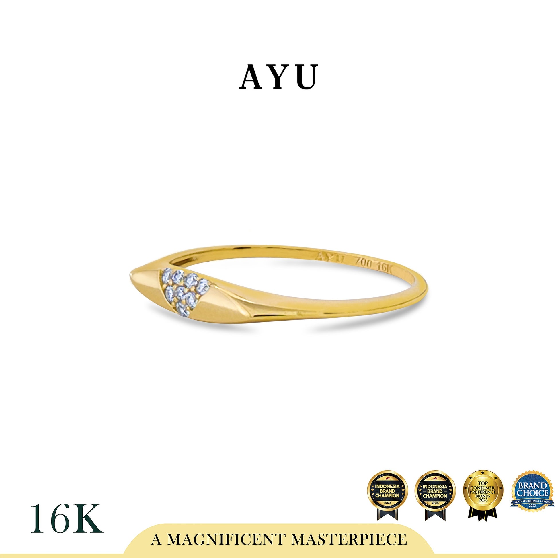 AYU Cincin Emas - Mini V Pave Signet Ring 16k Yellow Gold
