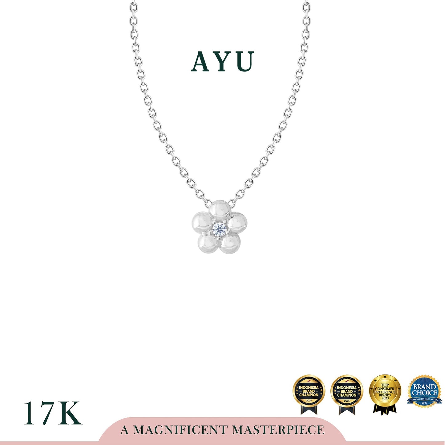 AYU Kalung Emas - Mochi Flower Chain Necklace 17k White Gold