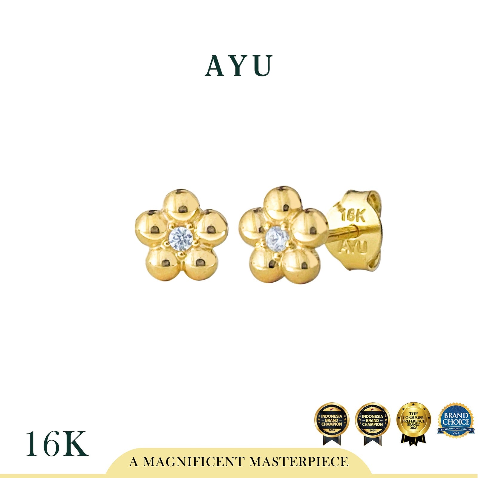 AYU Anting Emas - Mochi Flower Studs 16k Yellow Gold