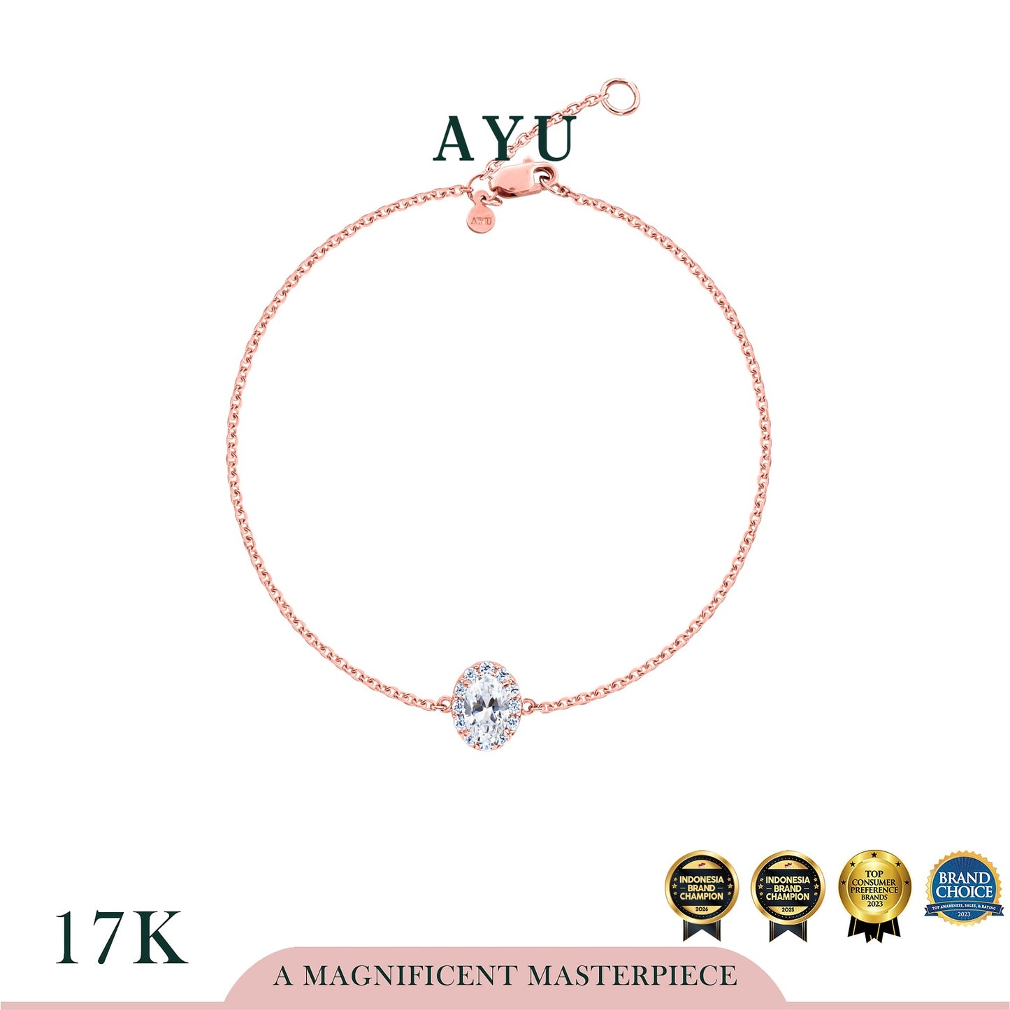 AYU Gelang Emas - Oval Halo Chain Bracelet 17k Rose Gold