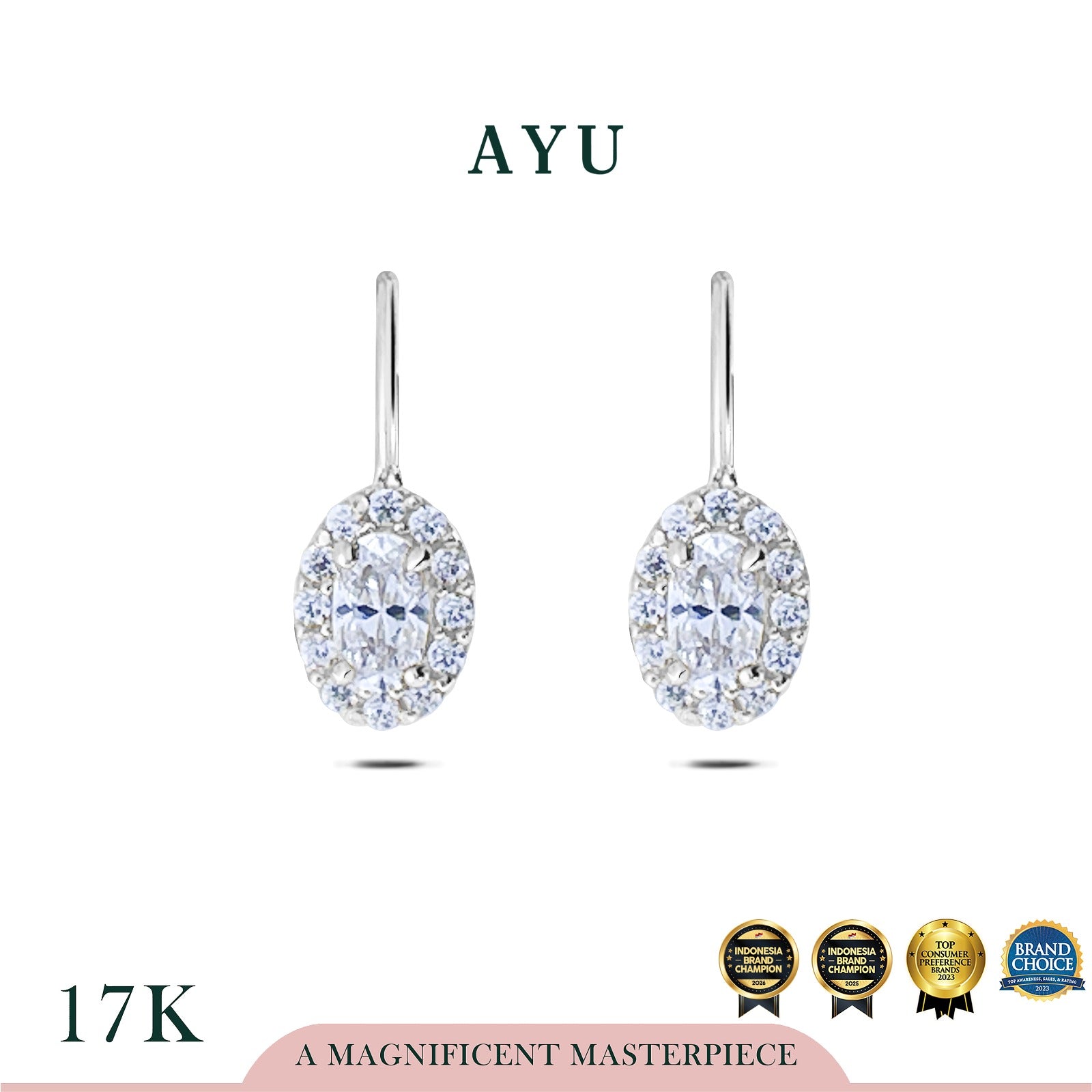 AYU Anting Emas - Oval Halo Wire Earring 17k White Gold