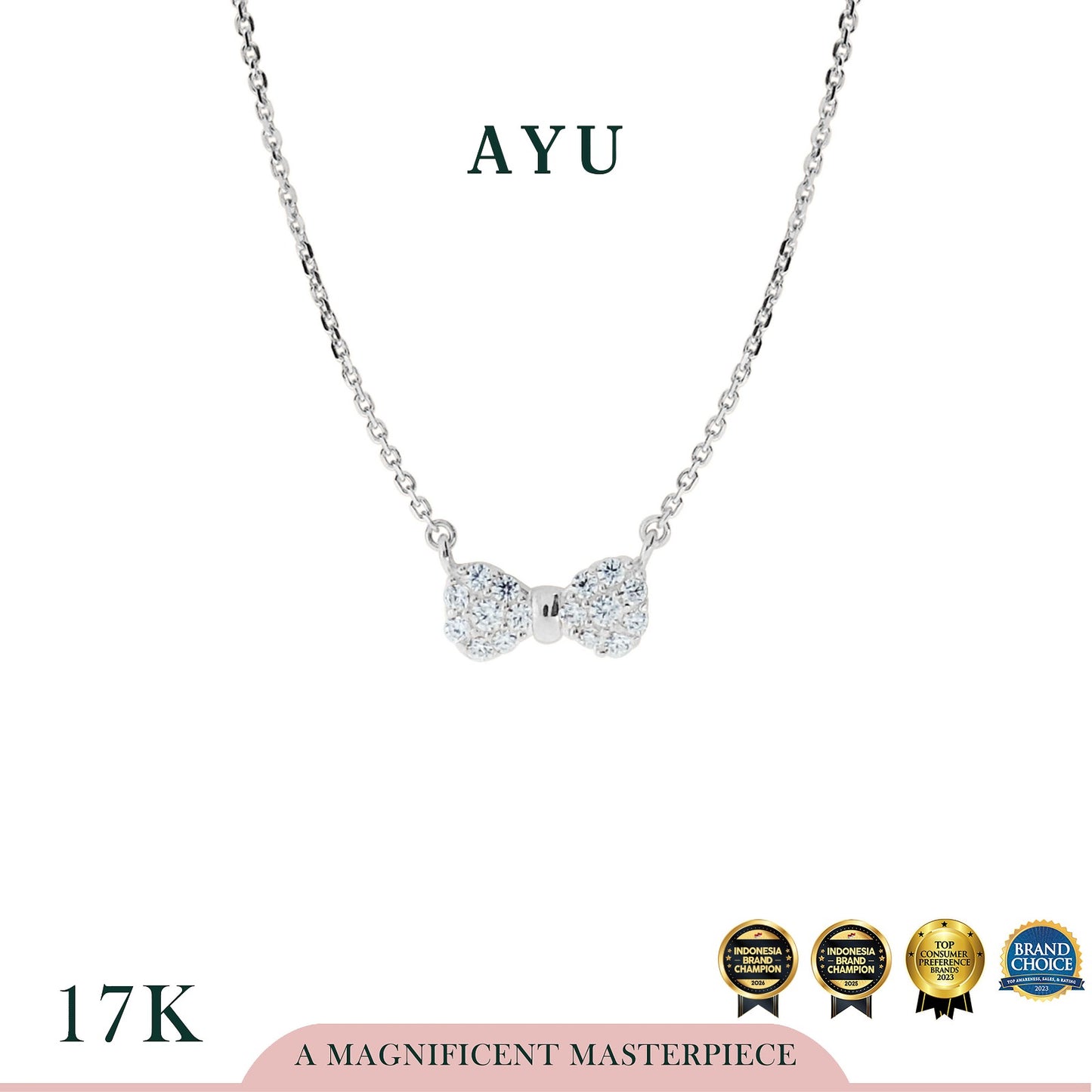 AYU Kalung Emas - Pave Bow Chain Necklace 17k White Gold