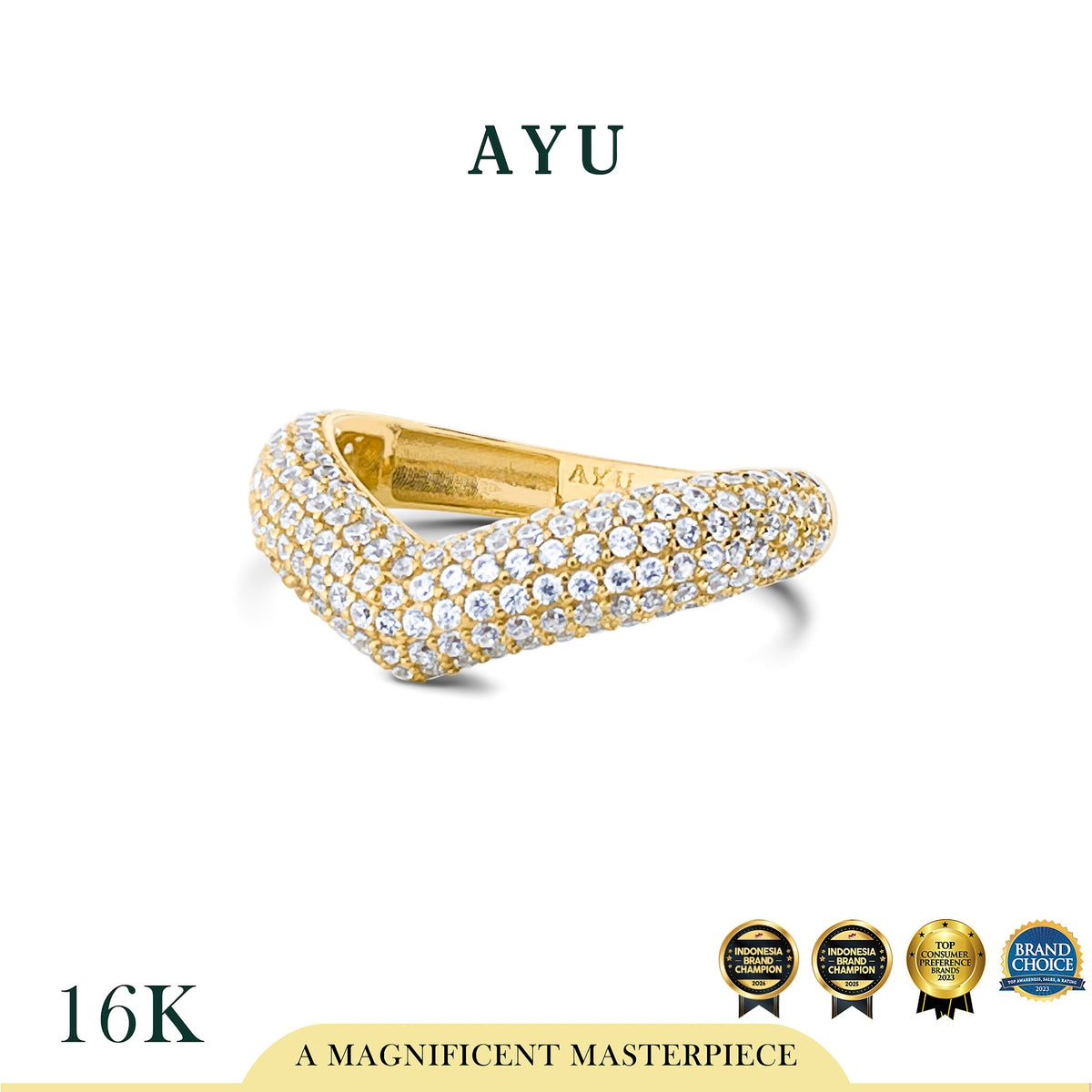 AYU Cincin Emas - Pave Chevron Globe Ring 16k Yellow Gold