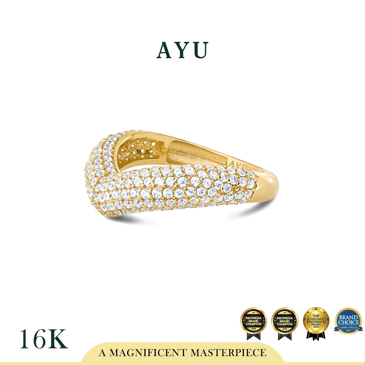 AYU Cincin Emas - Pave Chevron Globe Ring 16k Yellow Gold