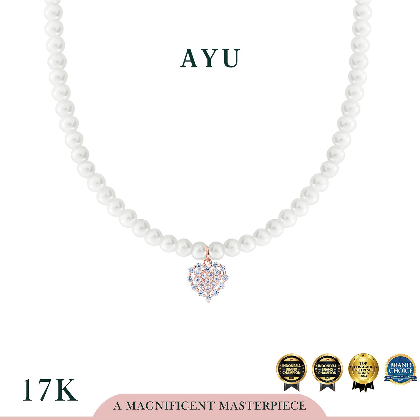 AYU Kalung Korea - Pave Heart With Single Prong Halo With Beaded Manik Necklace 17k Rose Gold