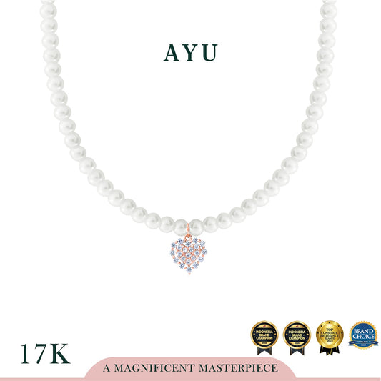 AYU Kalung Korea - Pave Heart With Single Prong Halo With Beaded Manik Necklace 17k Rose Gold