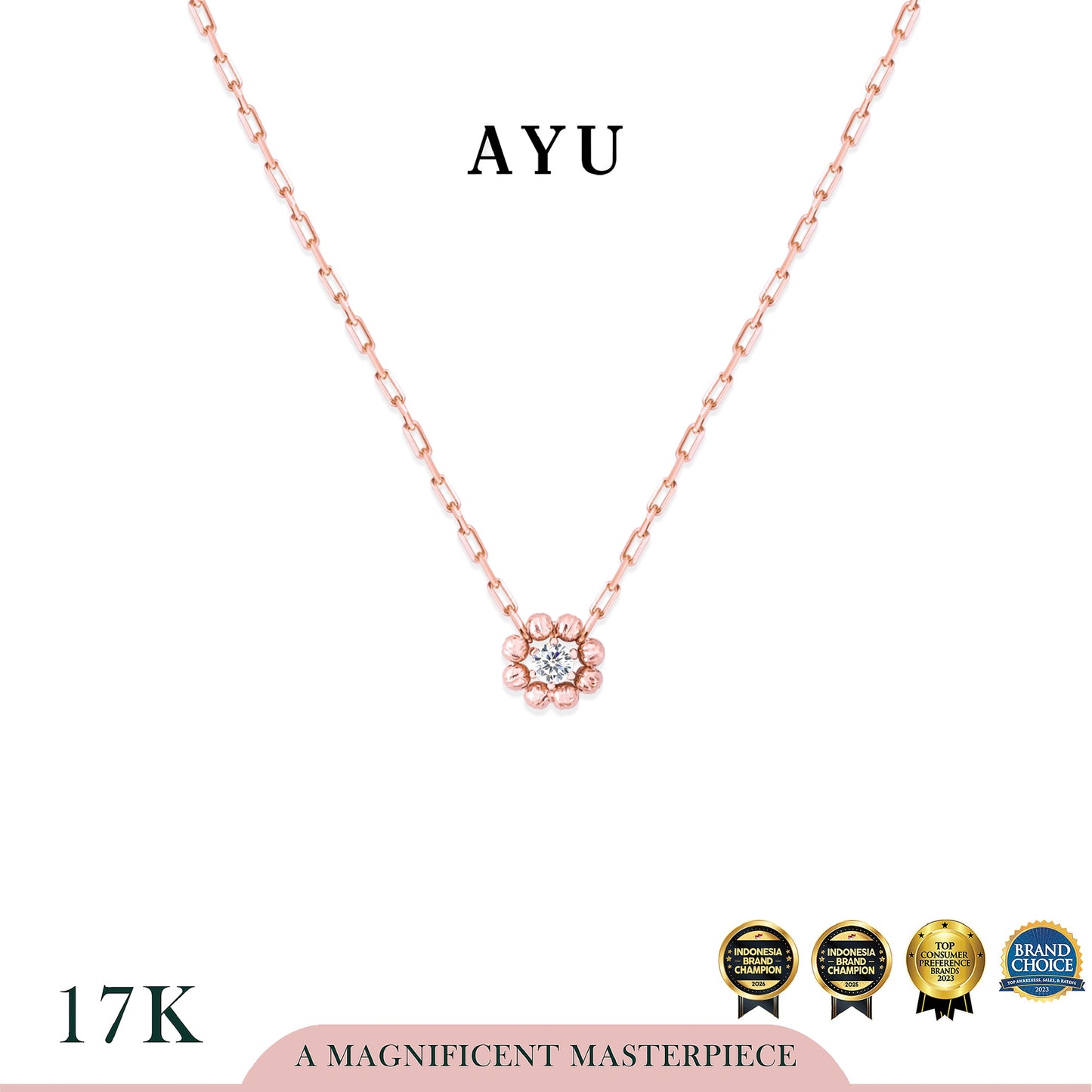 AYU Kalung Emas - Pepper Halo Round Solitaire Necklace 17k Rose Gold