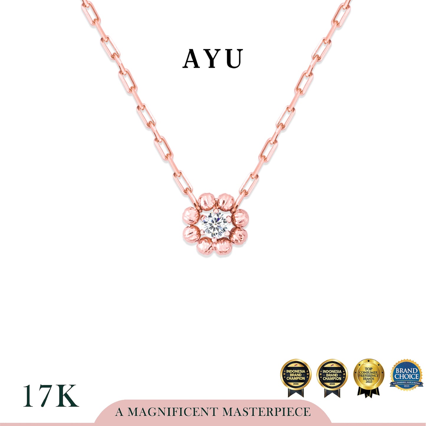 AYU Kalung Emas - Pepper Halo Round Solitaire Necklace 17k Rose Gold
