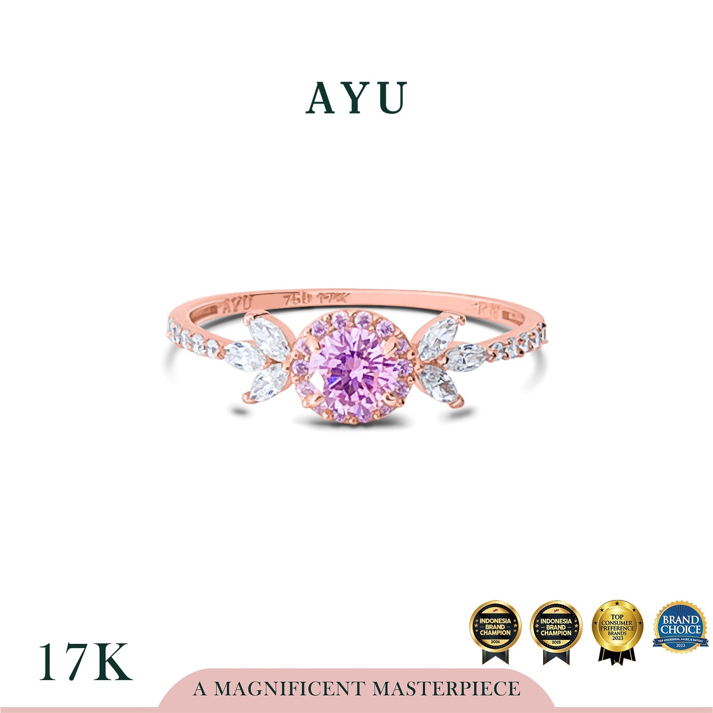 AYU Cincin Emas - Round Halo Angel Vine Everbloom Solitaire 17k Rose Gold