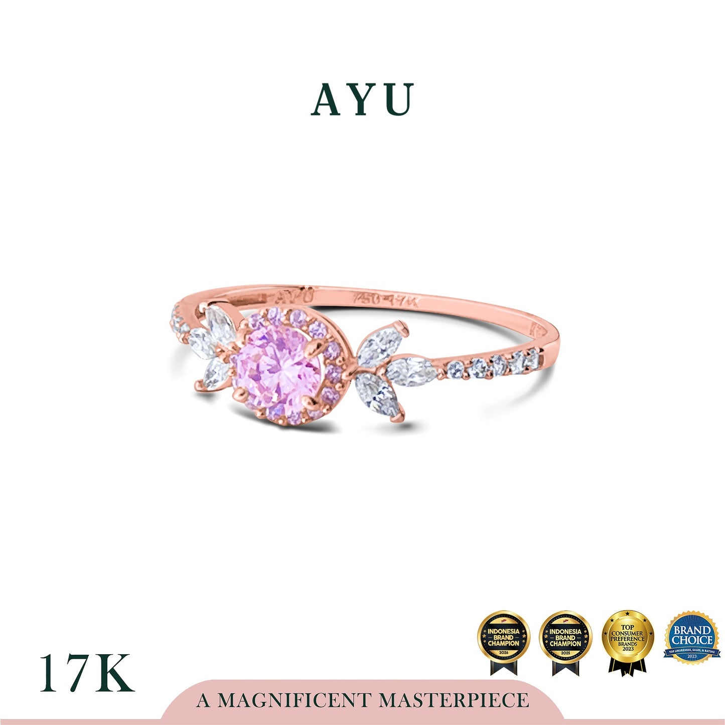 AYU Cincin Emas - Round Halo Angel Vine Everbloom Solitaire 17k Rose Gold