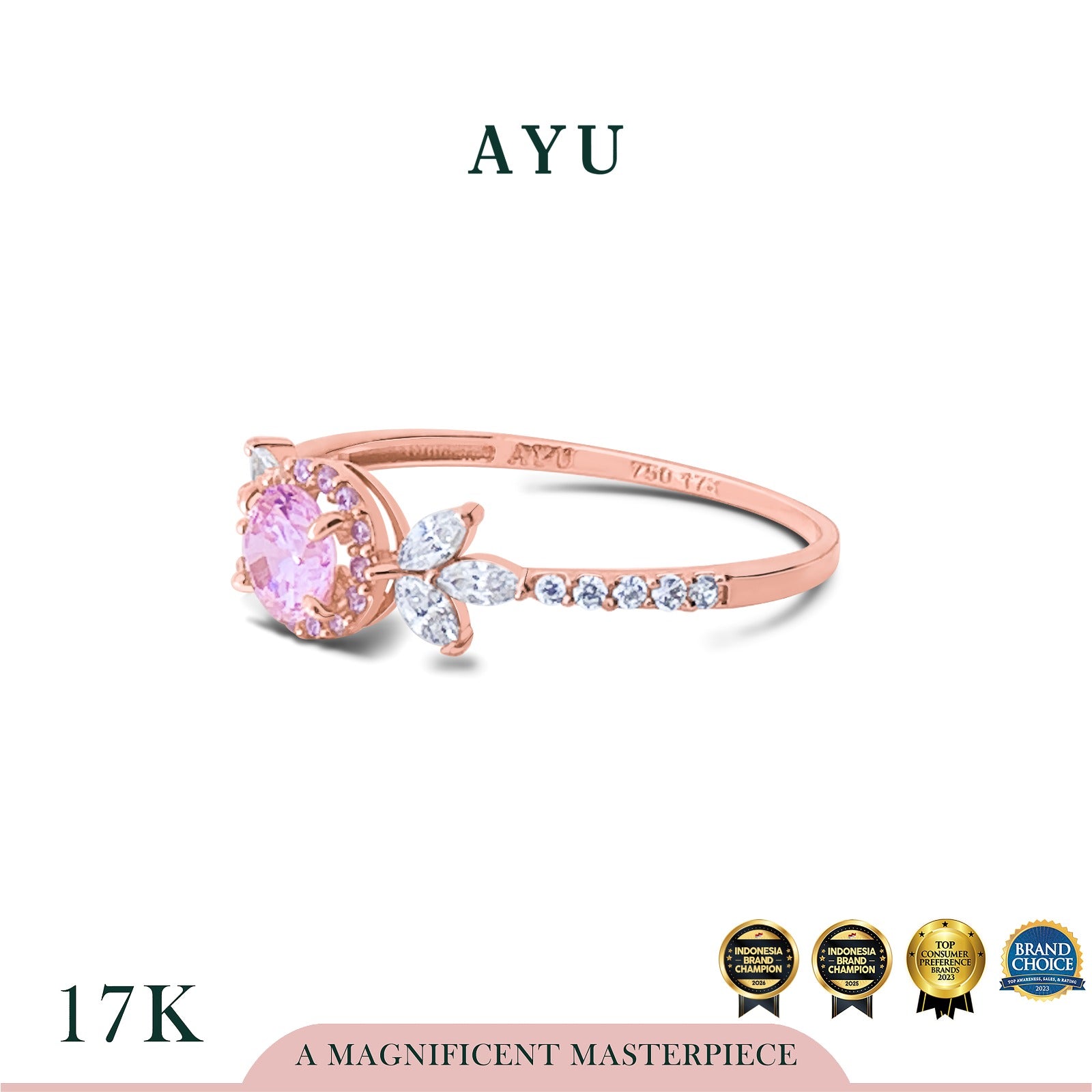 AYU Cincin Emas - Round Halo Angel Vine Everbloom Solitaire 17k Rose Gold