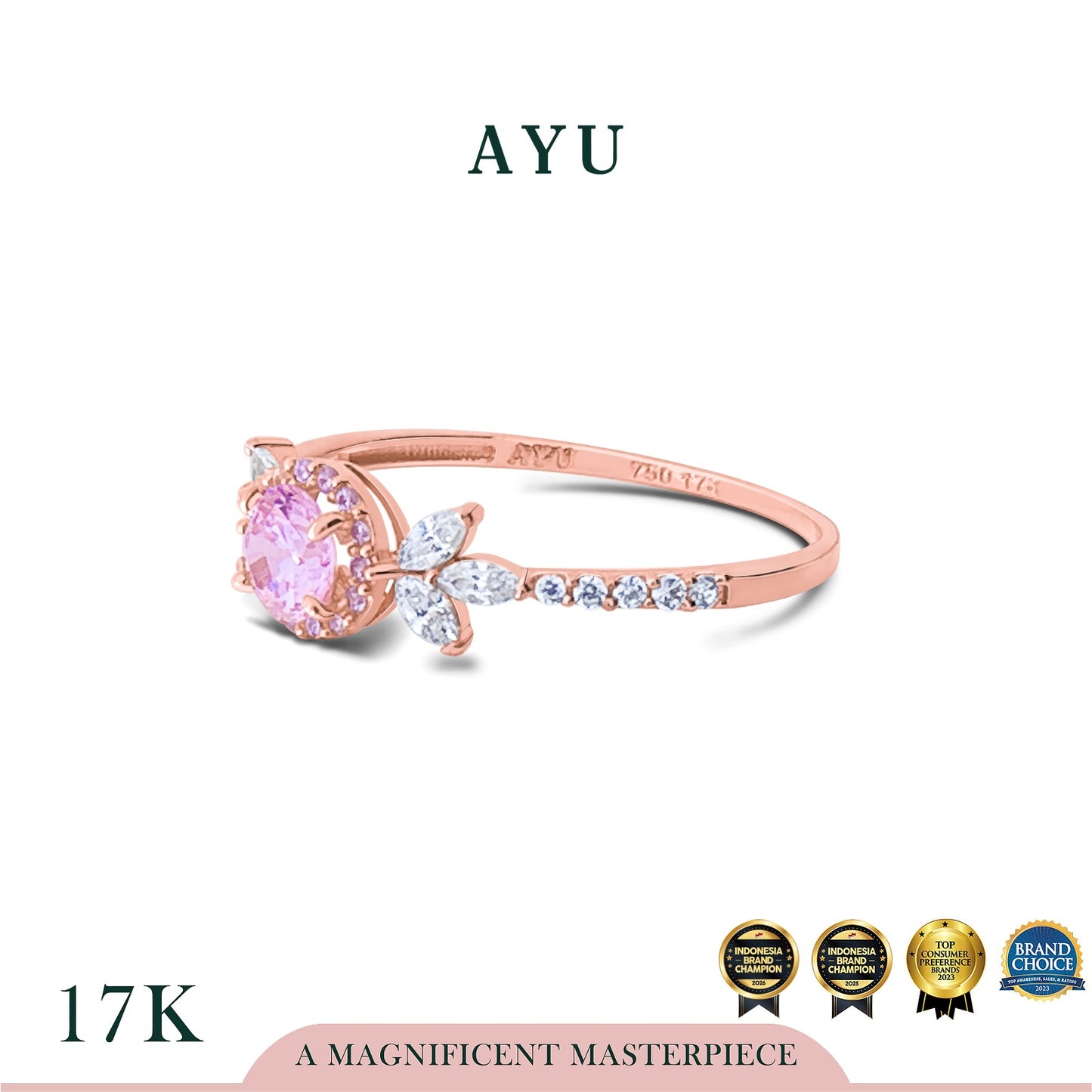 AYU Cincin Emas - Round Halo Angel Vine Everbloom Solitaire 17k Rose Gold