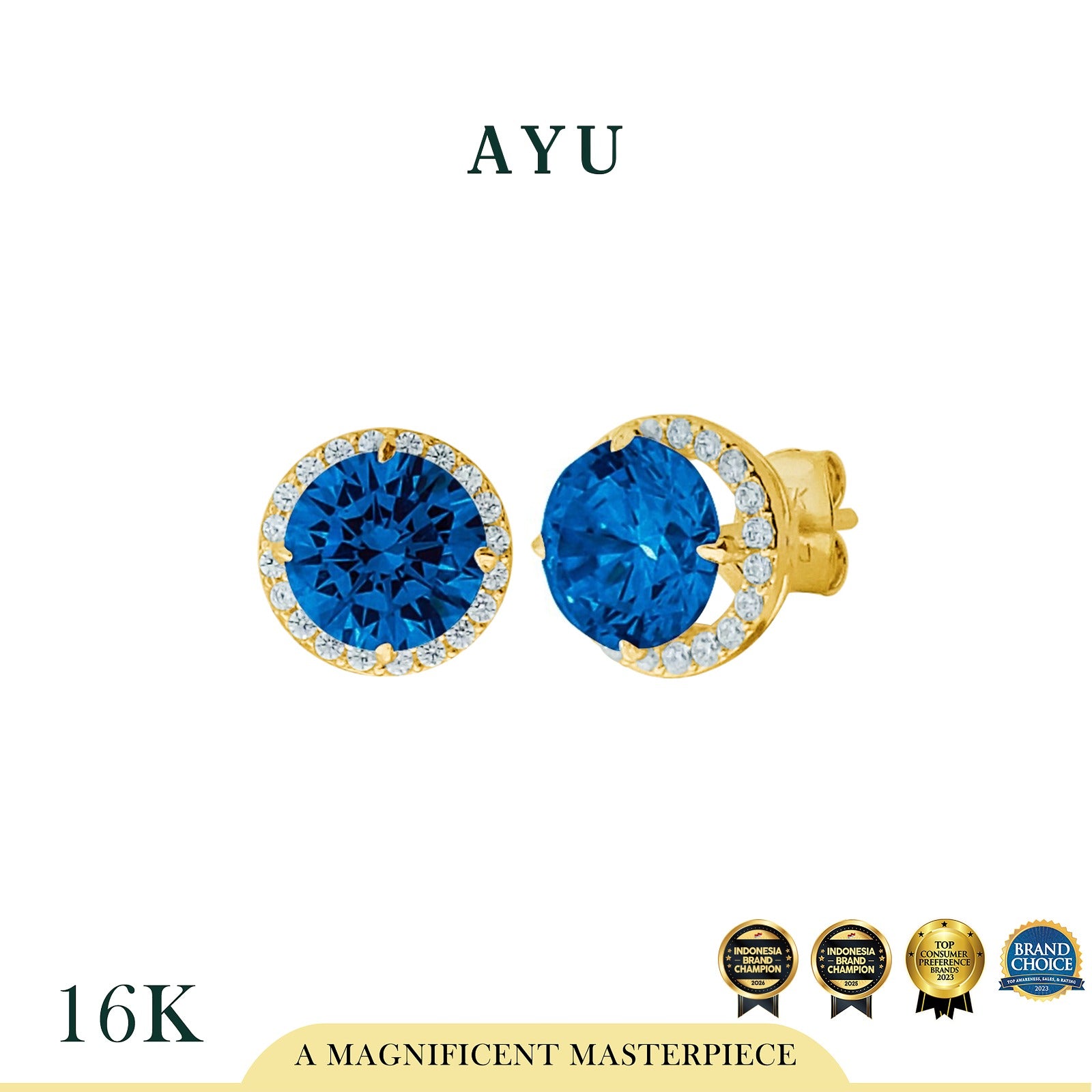 AYU Anting Emas - Round Solitaire With Halo Studs Royal Blue 16k Yellow Gold