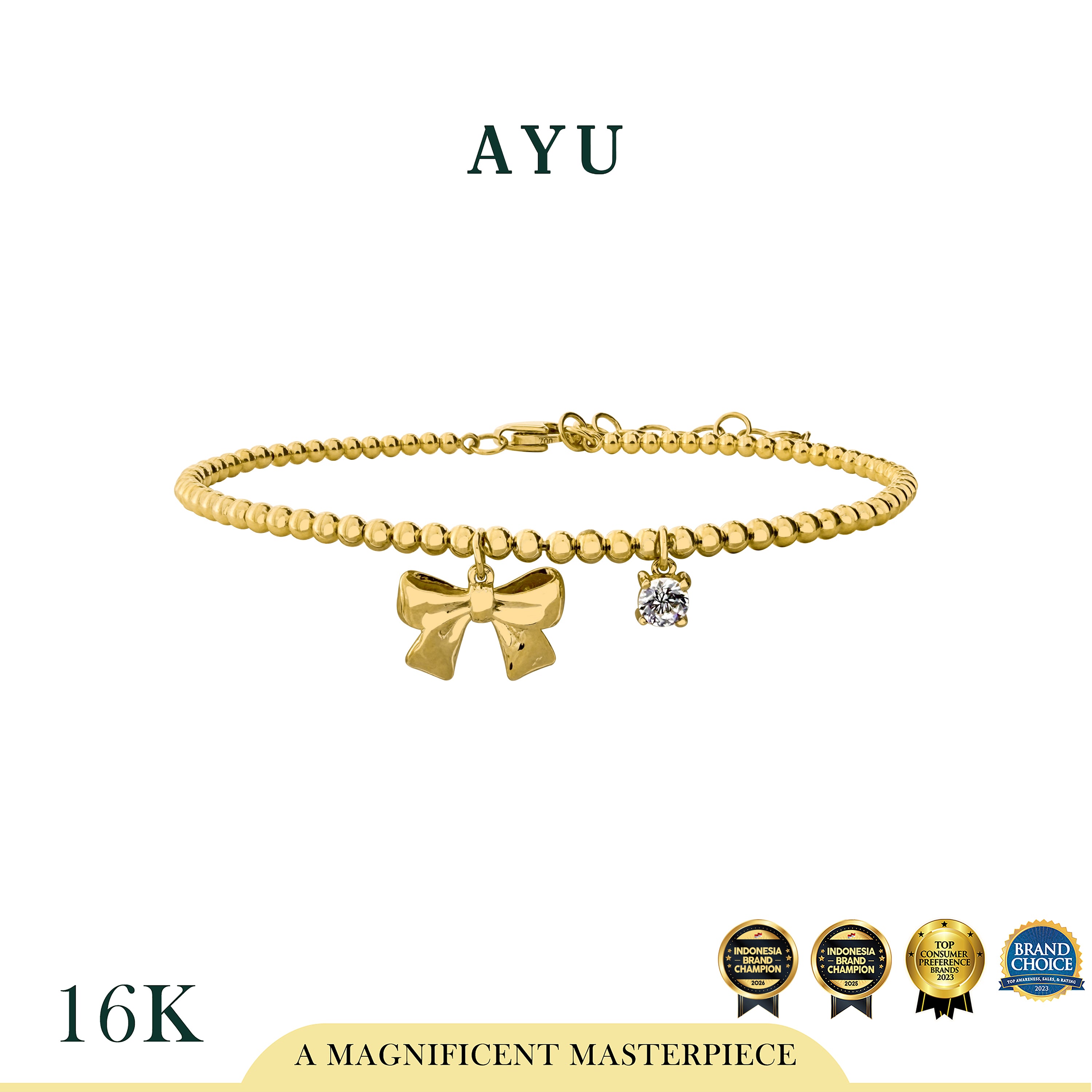 AYU Ribbon With Mini Solitaire On Mini Boba Bangle 16K Yellow Gold