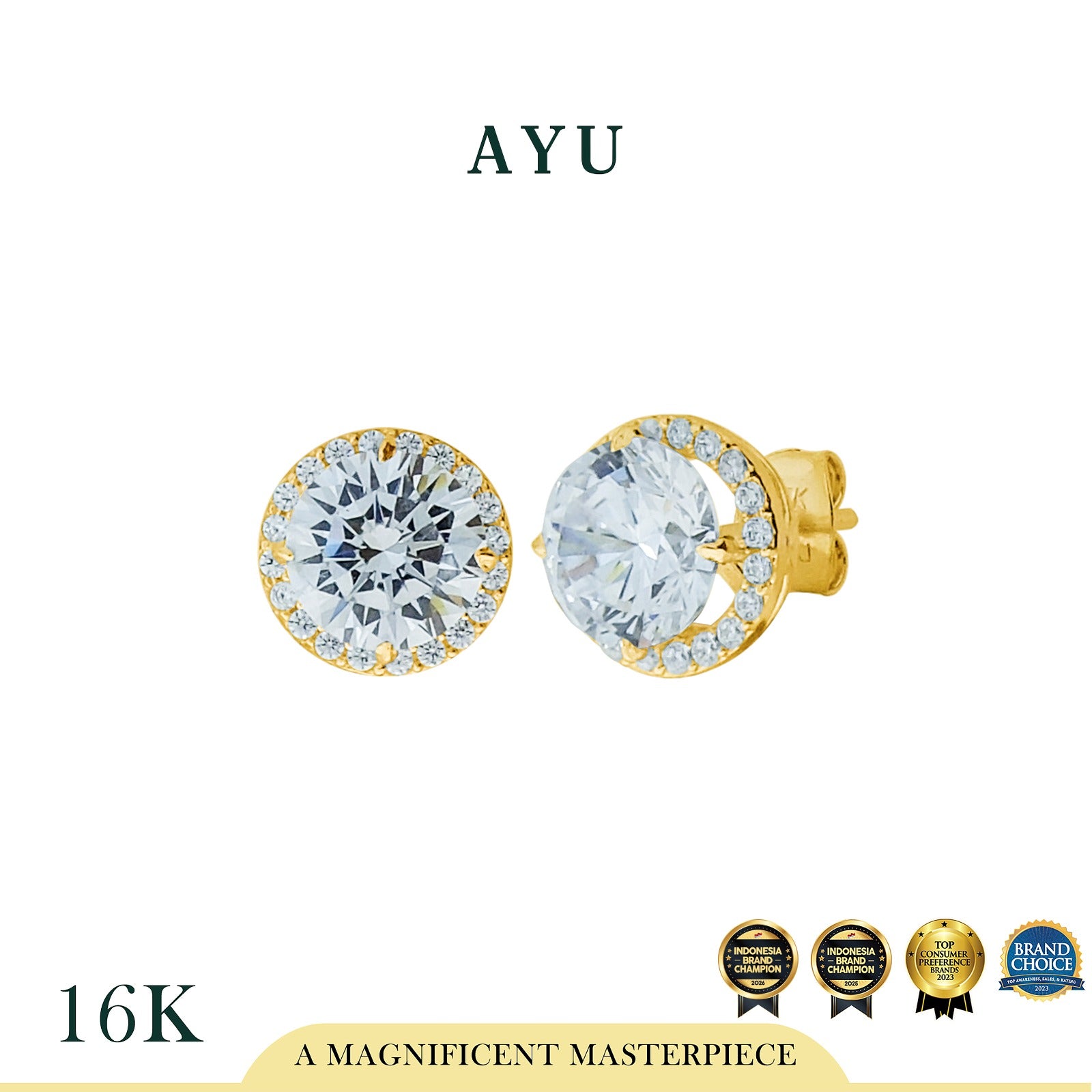 AYU Anting Emas - Round Solitaire With Halo Studs 16k Yellow Gold