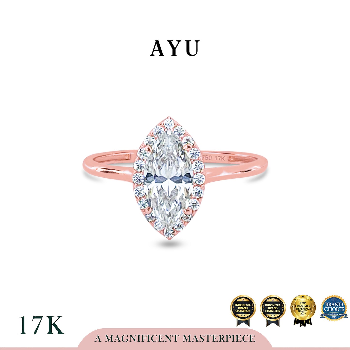 AYU Cincin Emas - Selly Halo Solitaire 17k Rose Gold