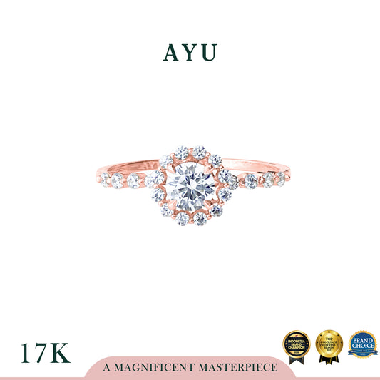 AYU Cincin Emas - Single Prong Halo Solitaire Pave Ring 17k Rose Gold