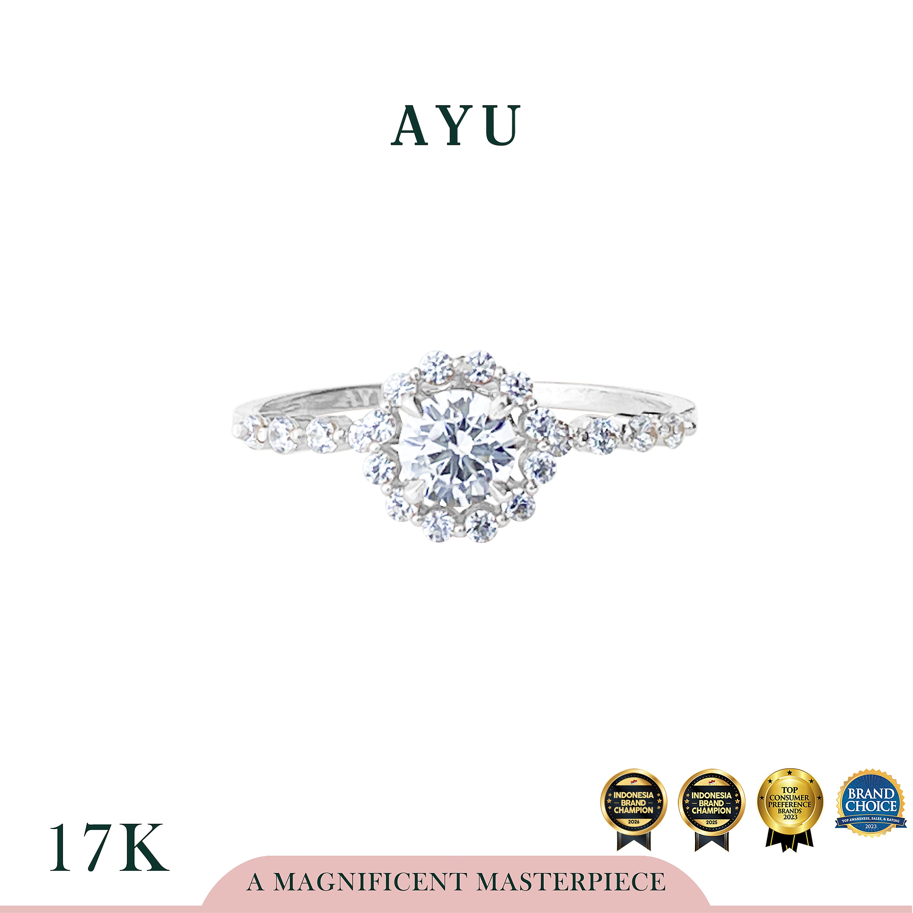 AYU Cincin Emas - Single Prong Halo Solitaire Pave Ring 17k White Gold