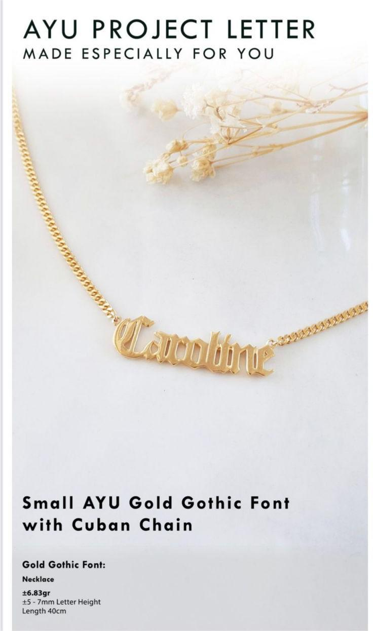 Custom Order PL Small AYU Gothic Font With Cuban Chain Necklace ( ANNA) 17k Yellow Gold 40cm