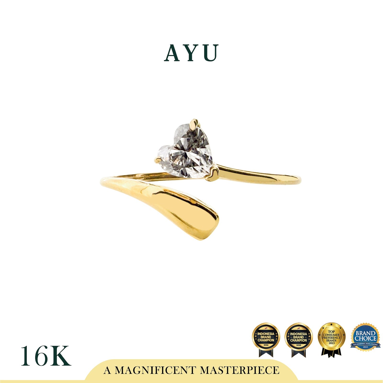 AYU Cincin Emas - Teardrop Dew With Heart 16k Yellow Gold