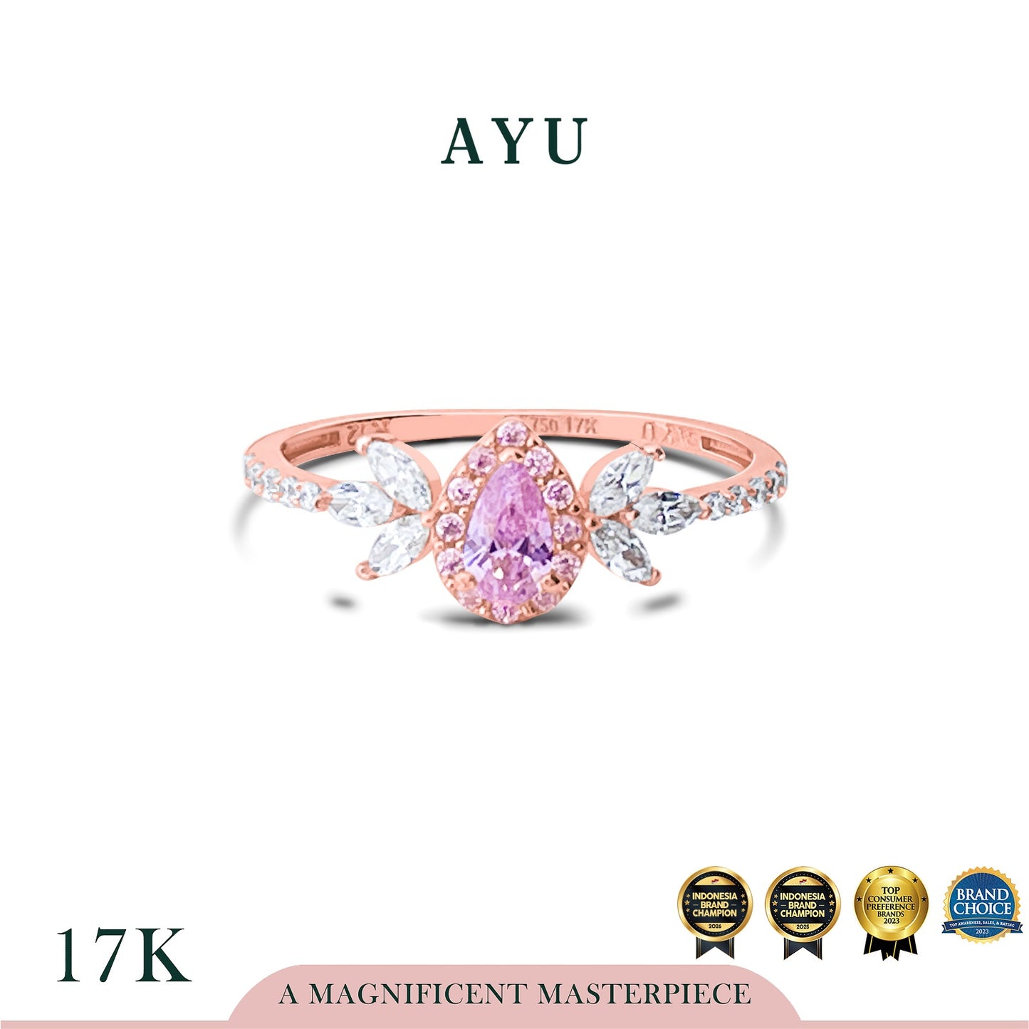 AYU Cincin Emas - Teardrop Halo Angel Vine Everbloom Solitaire 17k Rose Gold