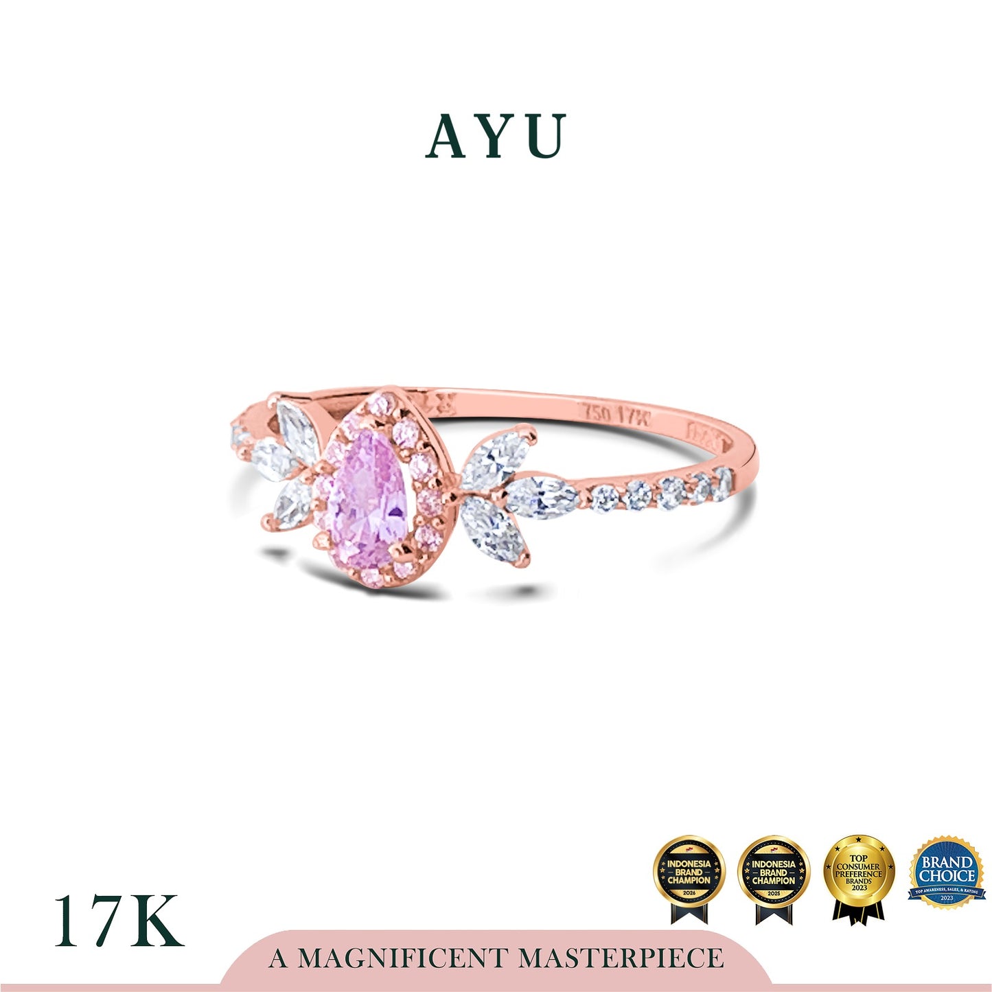 AYU Cincin Emas - Teardrop Halo Angel Vine Everbloom Solitaire 17k Rose Gold