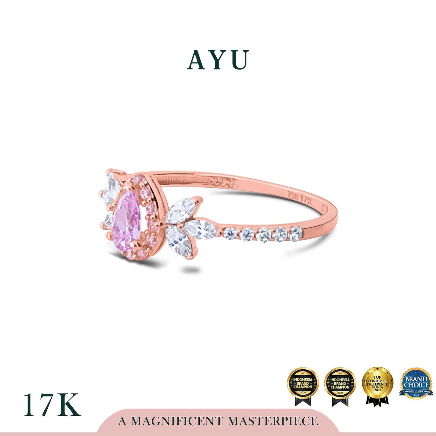 AYU Cincin Emas - Teardrop Halo Angel Vine Everbloom Solitaire 17k Rose Gold
