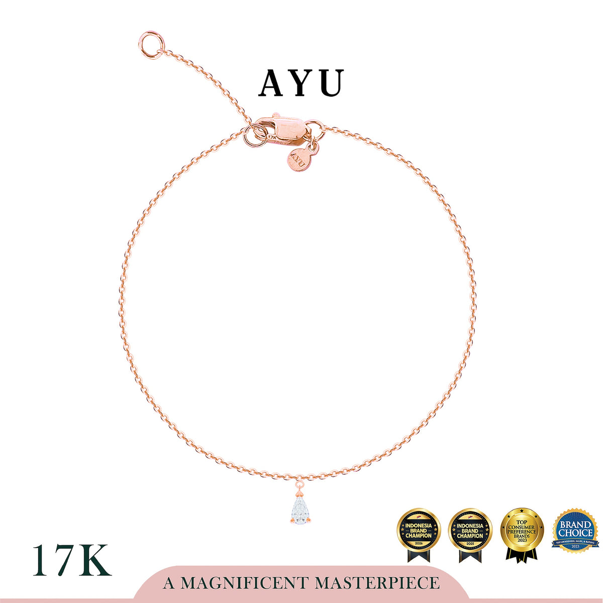 AYU Gelang Emas - Teardrop Solitaire Dangling Chain Bracelet 17k Rose Gold