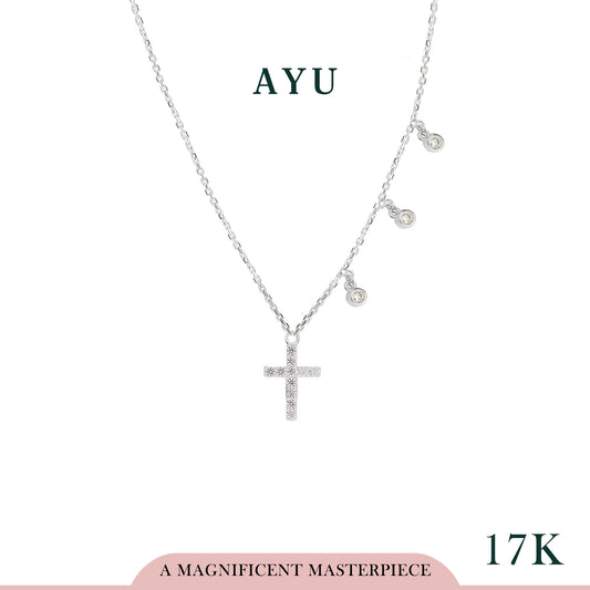 AYU Thin Pave Cross With 3 Bezel Drop Chain Necklace 17k White Gold