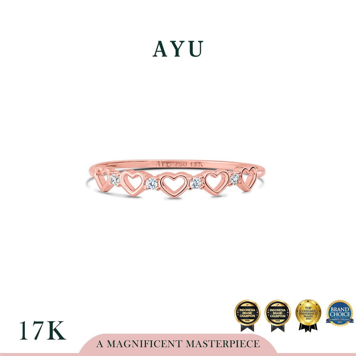 AYU Cincin Emas - Twinkling Mini Hearts Ring 17K Rose Gold