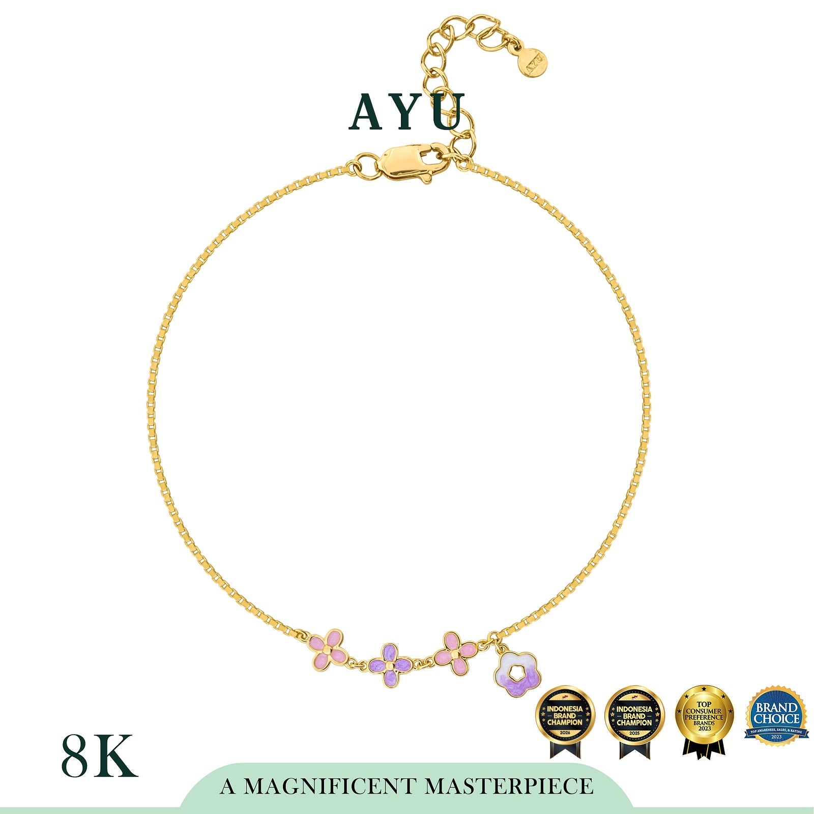 AYU Gelang Emas - 3 Clover Glaze With Flower Box Chain Bracelet 8k Yellow Gold