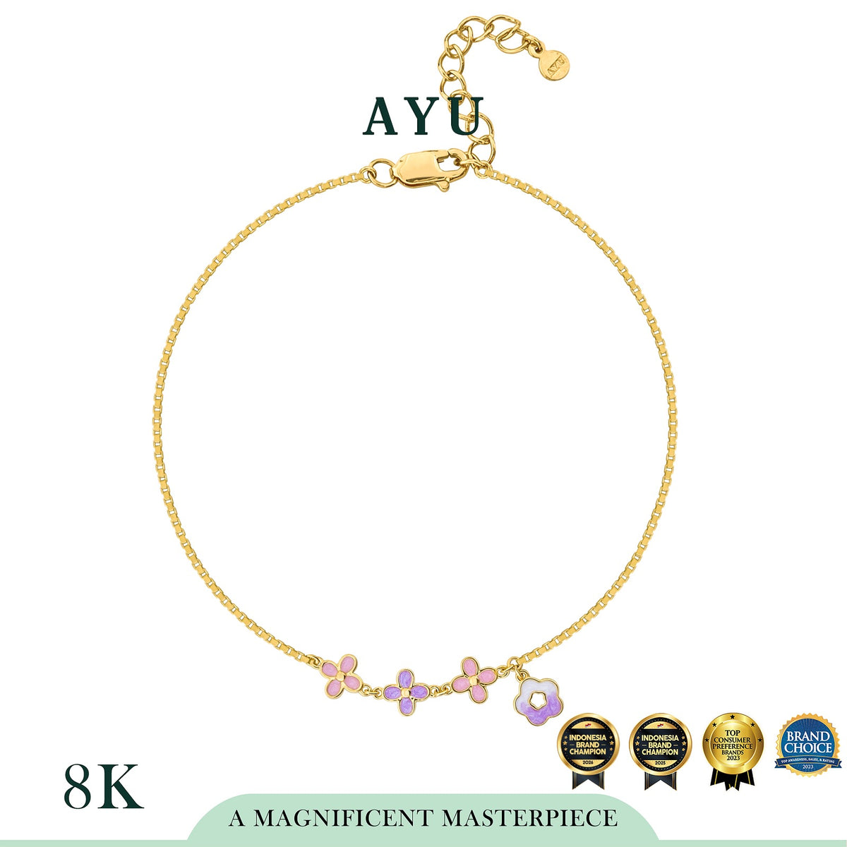 AYU Gelang Emas - 3 Clover Glaze With Flower Box Chain Bracelet 8k Yellow Gold