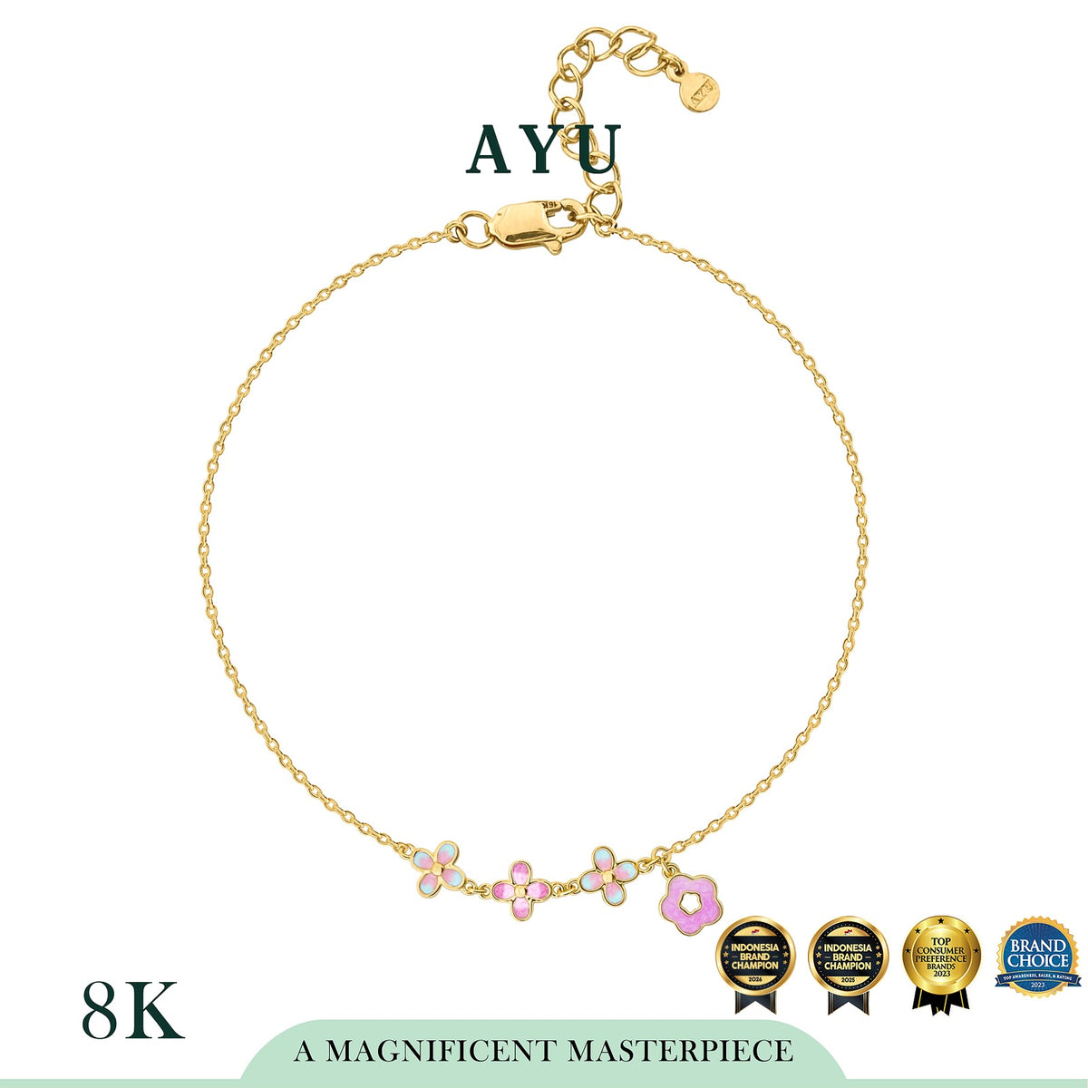 AYU Gelang Emas - 3 Clover Glaze With Flower Bracelet 8k Yellow Gold