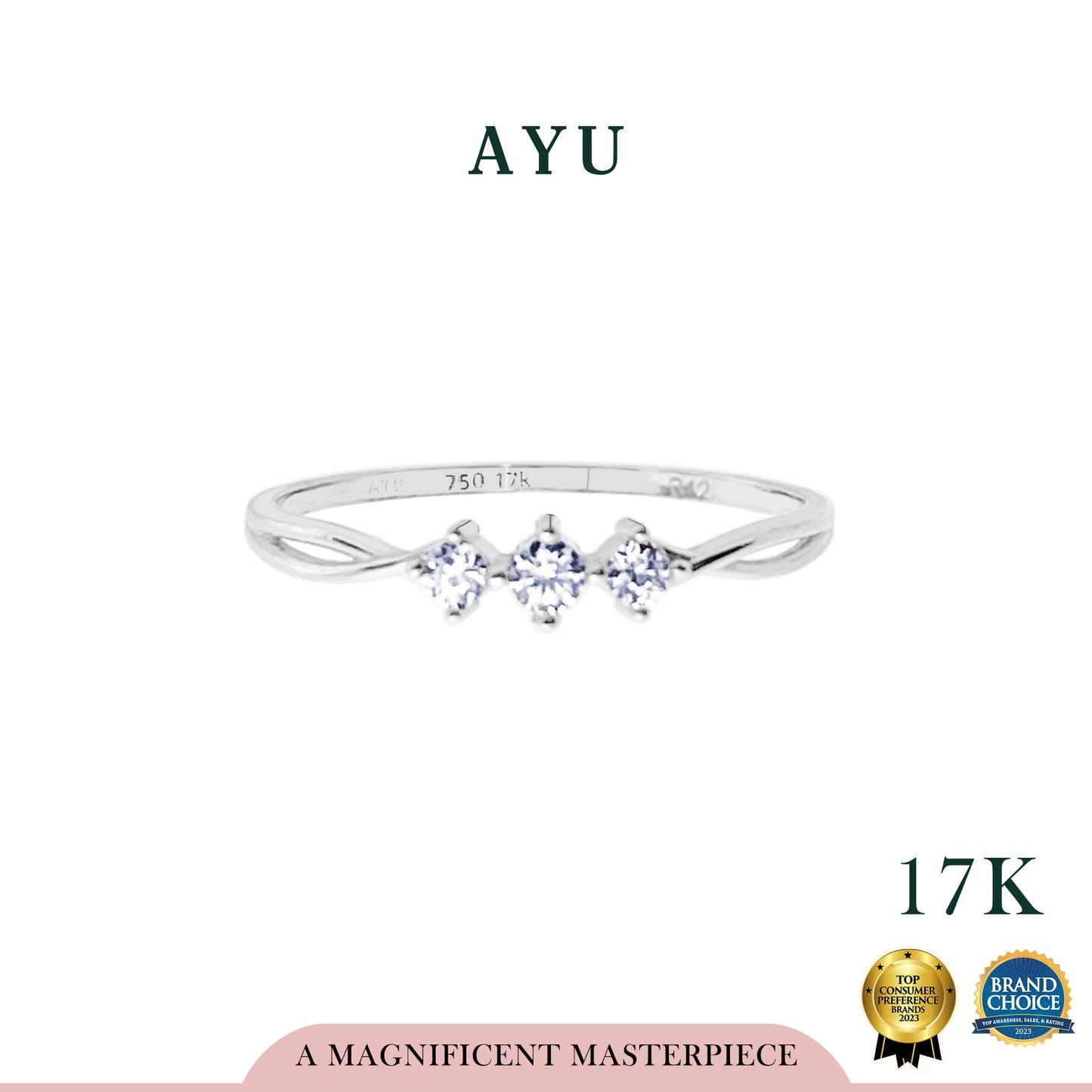 AYU Cincin Emas - 3 Stones Slow Twist Ring 17k White Gold