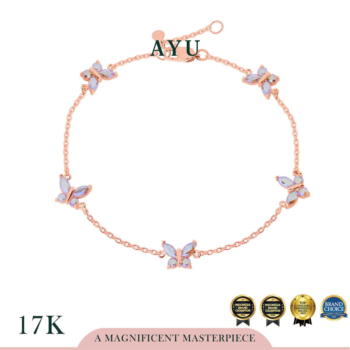 AYU Gelang Emas - 5 Magical Fluttering Butterfly Chain Bracelet 17K Rose Gold