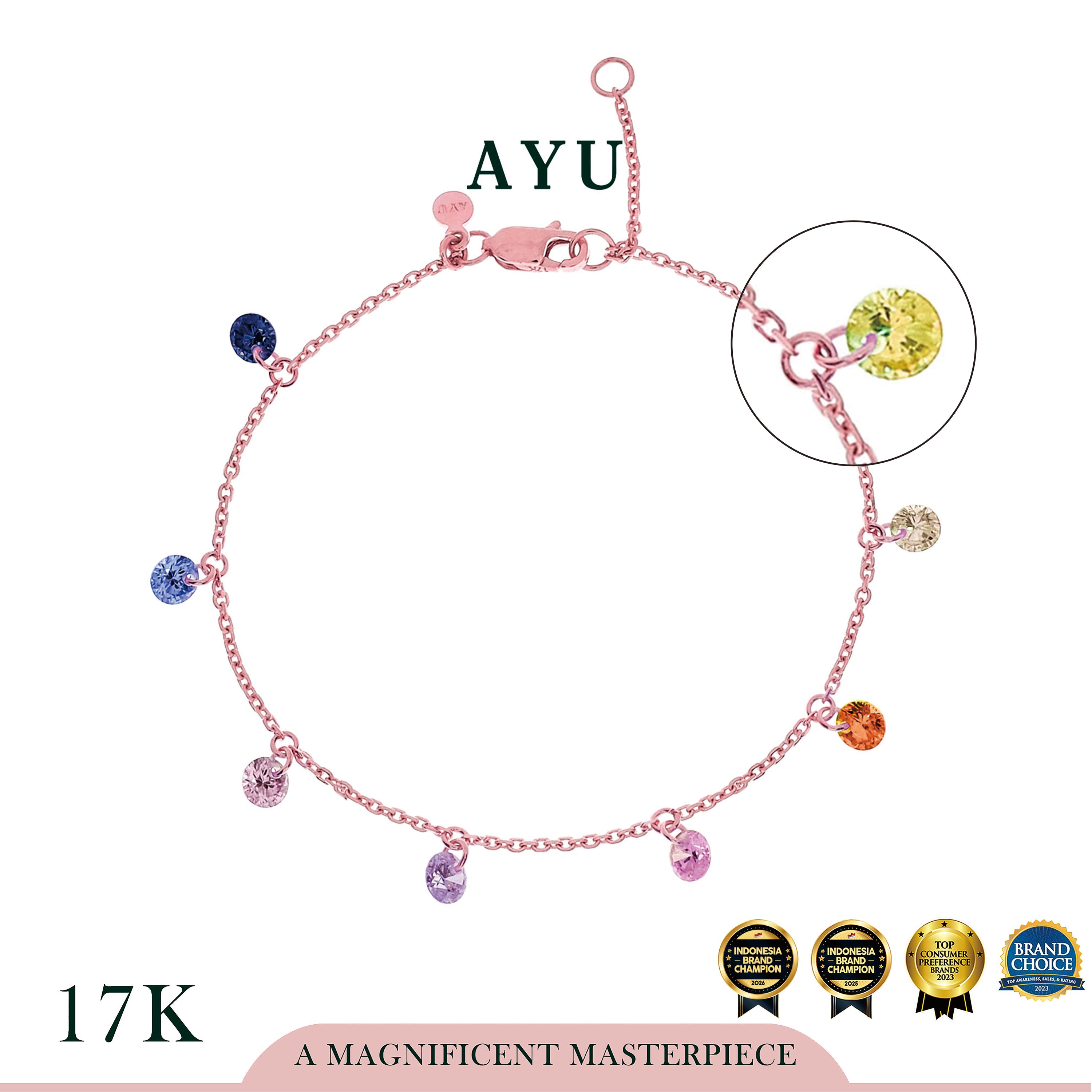 AYU Gelang Emas Korea - Pastel Rainbow Candy Pop Chain Bracelet 17K Rose Gold