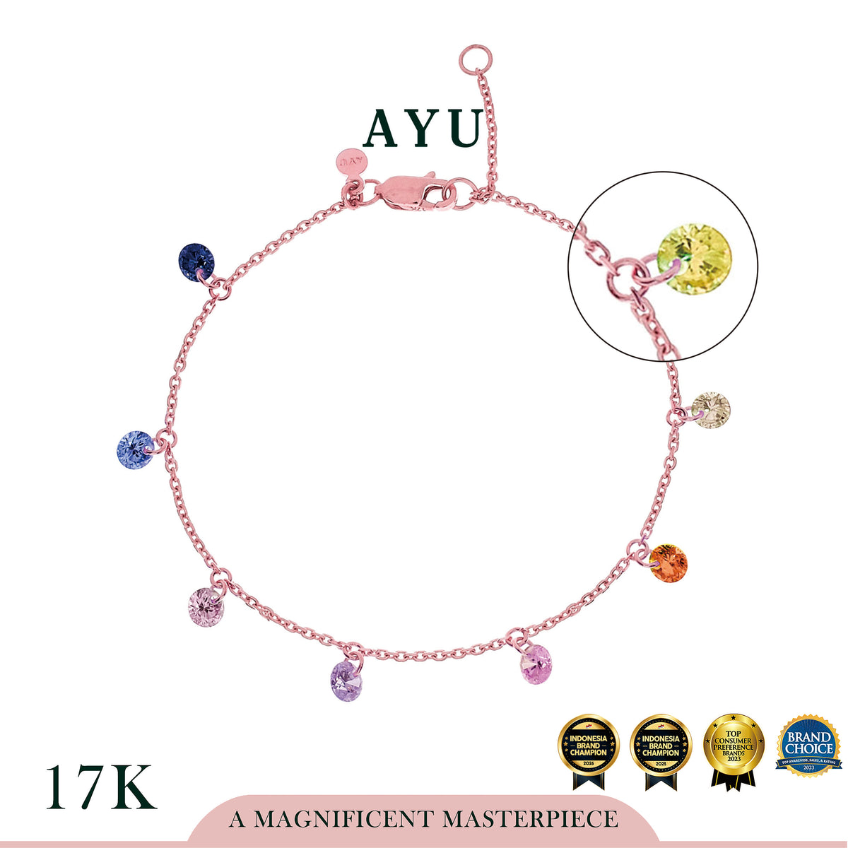 AYU Gelang Emas Korea - Pastel Rainbow Candy Pop Chain Bracelet 17K Rose Gold