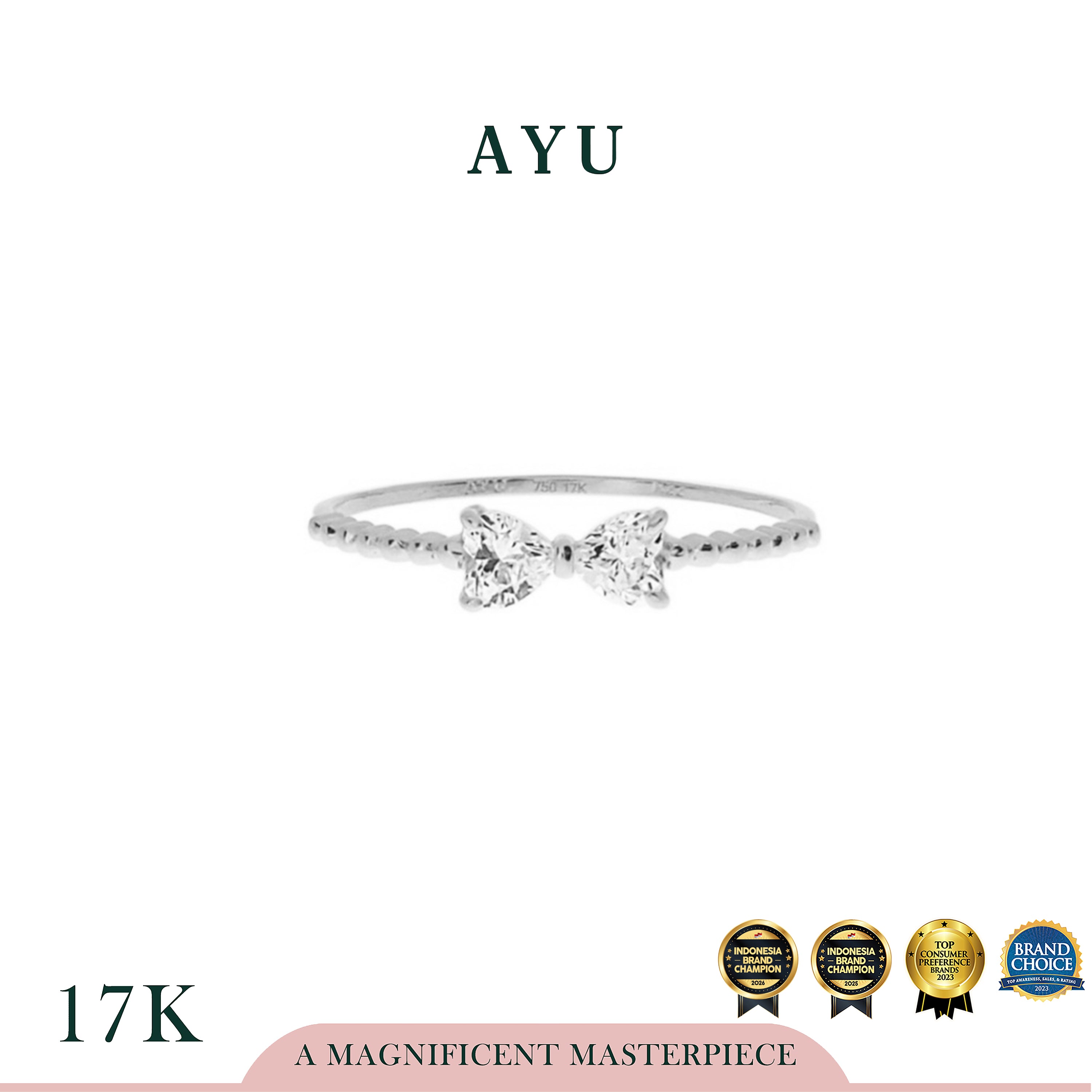 AYU Cincin Emas - Bow Hearts With Beaded Ring 17K White Gold