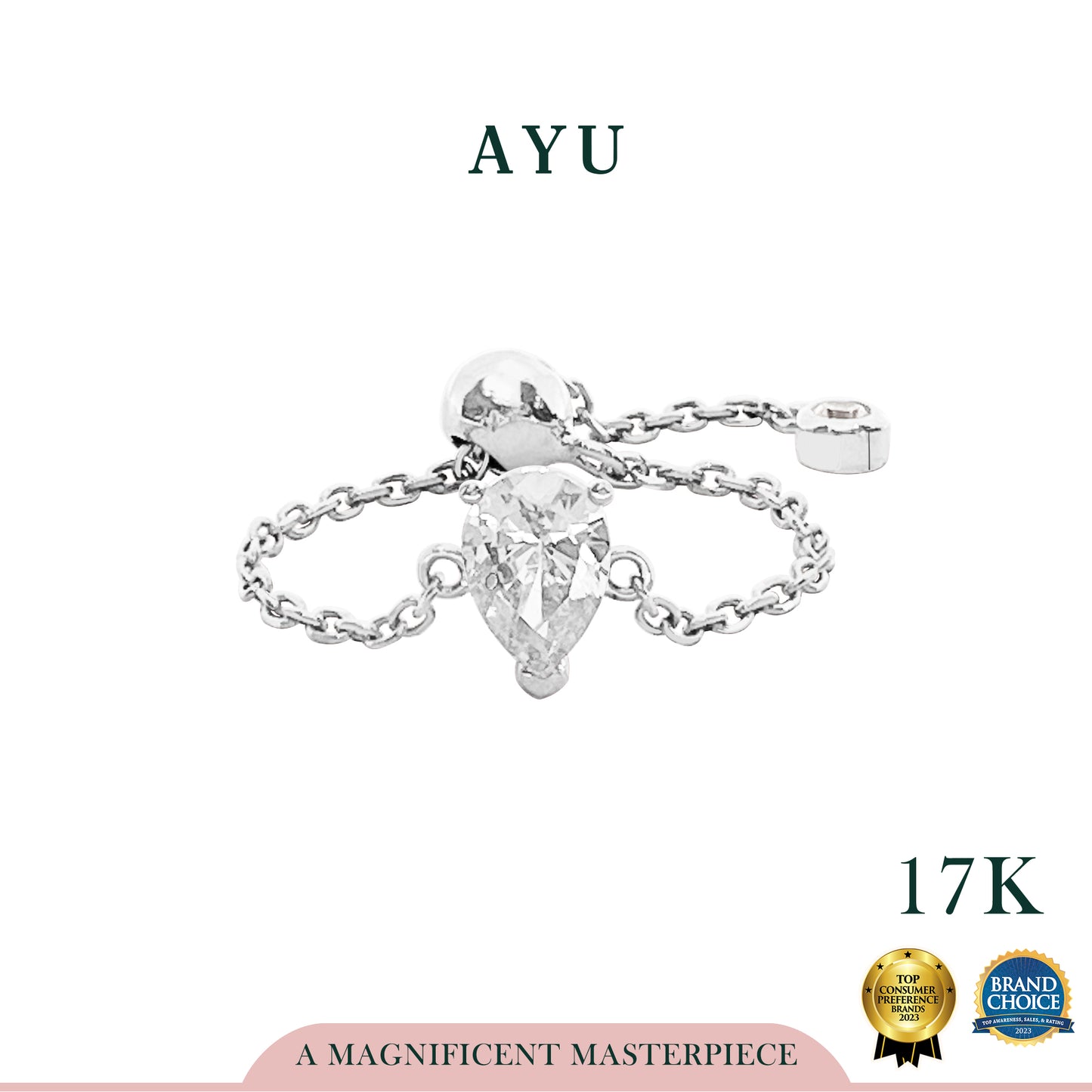 AYU Cincin Emas - Bejeweled In Teardrop Adjustable Ring 17k White Gold
