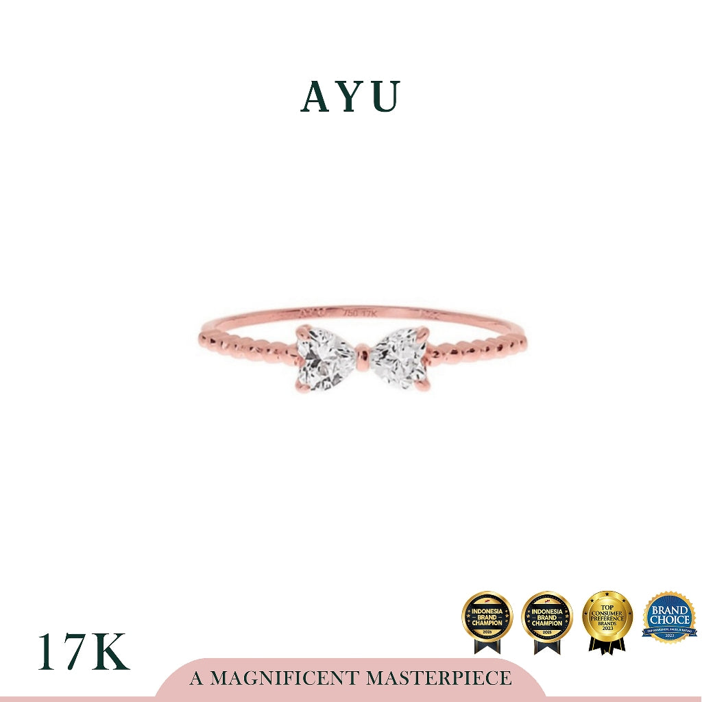 AYU Cincin Emas - Bow Hearts With Beaded Ring 17K Rose Gold