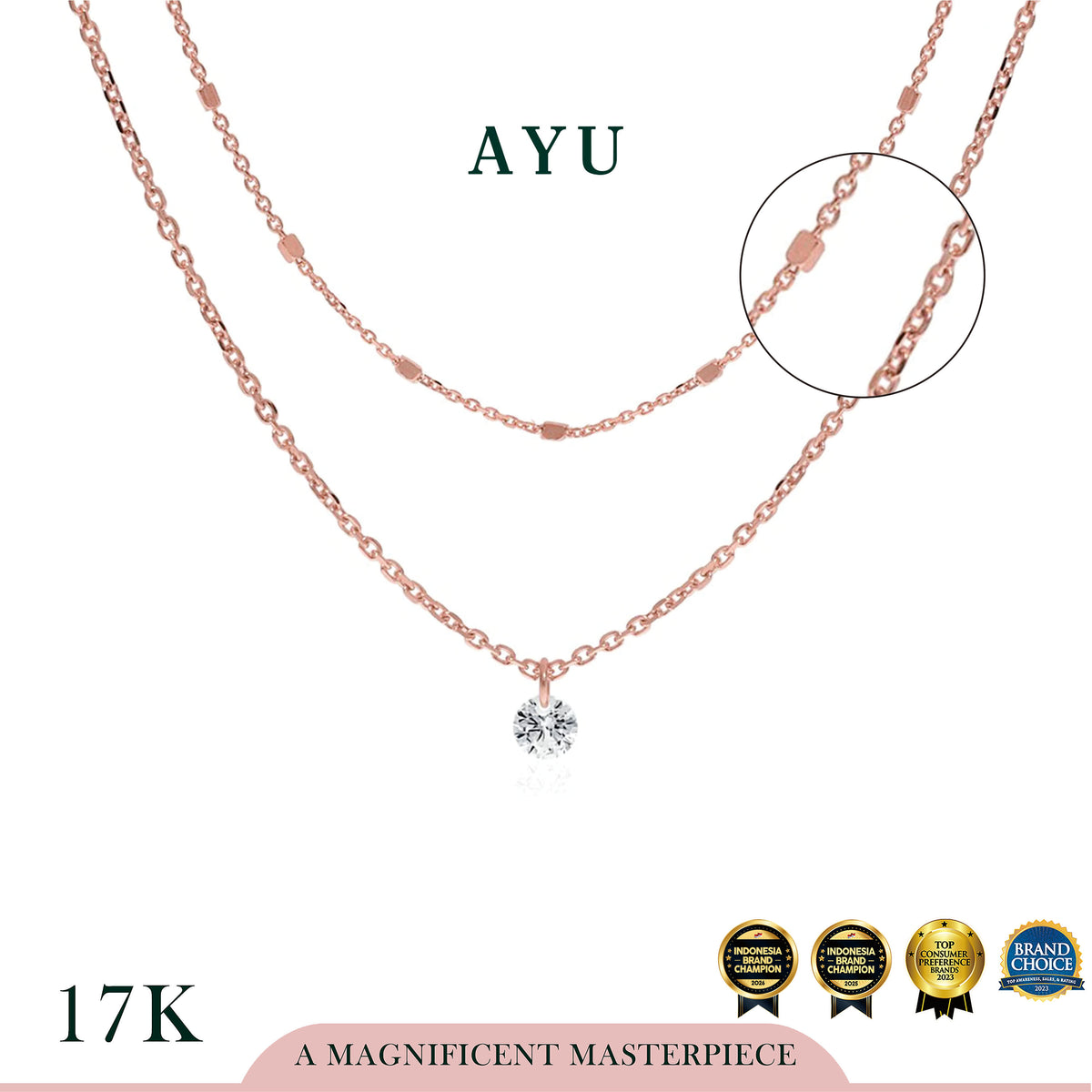 AYU Kalung Emas Korea - Candy Pop Double Chain Necklace 17K Rose Gold