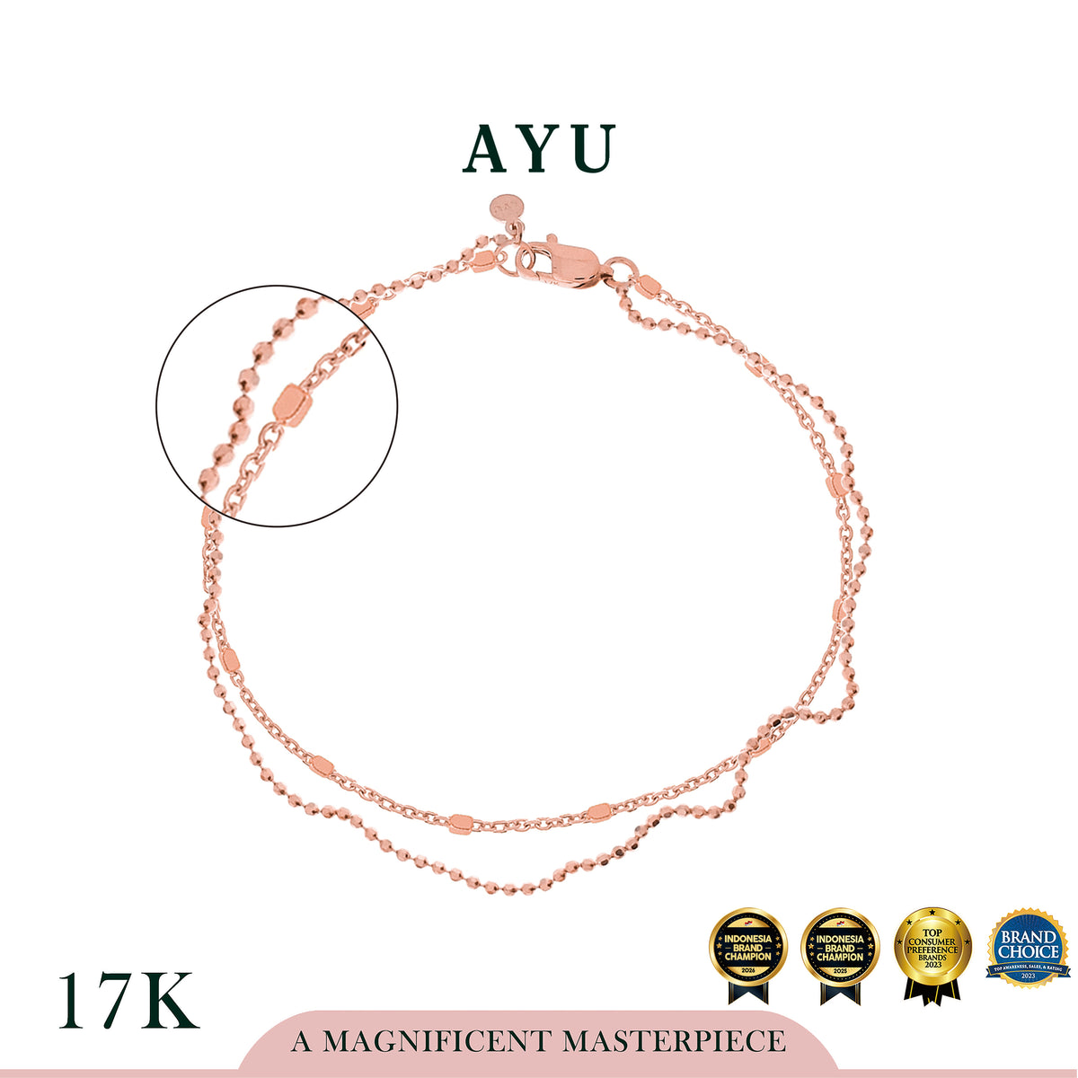 AYU Double Layer Bling And Pepper Beads Chain Bracelet 17k Rose Gold