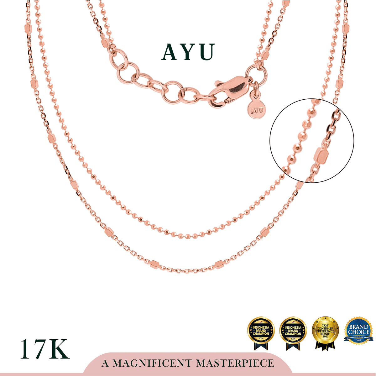 AYU Kalung Emas Korea - Double Layer Bling And Pepper Beads Chain Necklace 17k Rose Gold
