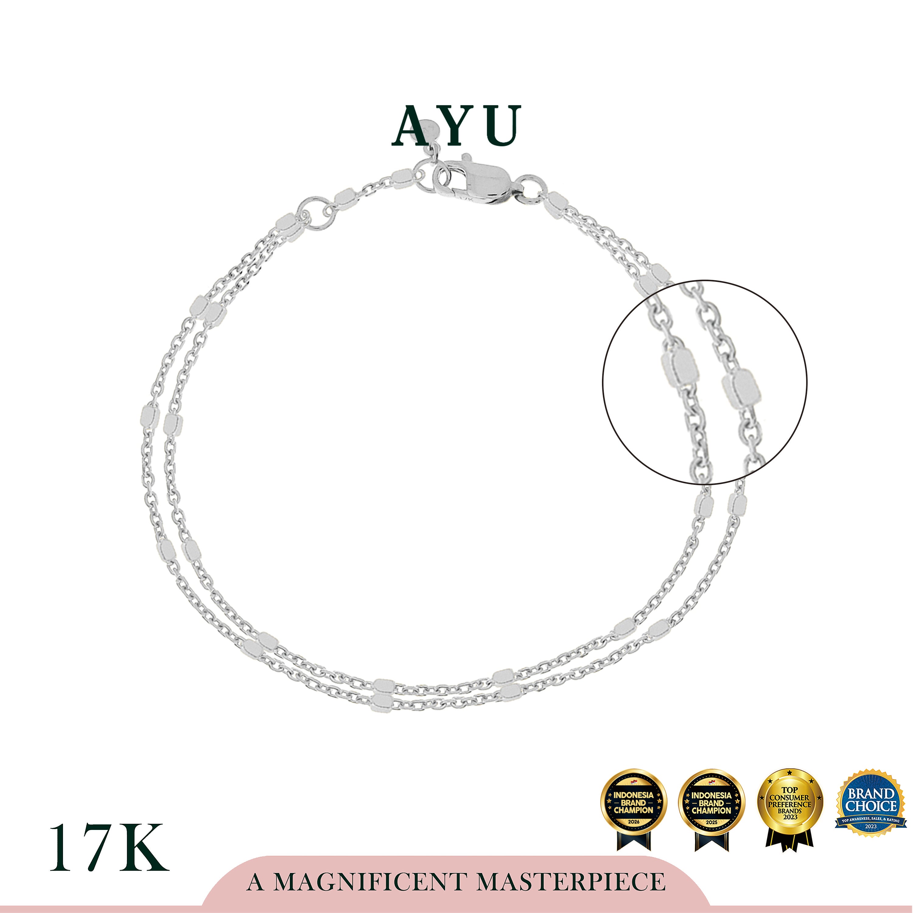 AYU Gelang Emas Korea - Double Layer Bling Beads Chain Bracelet 17k White Gold