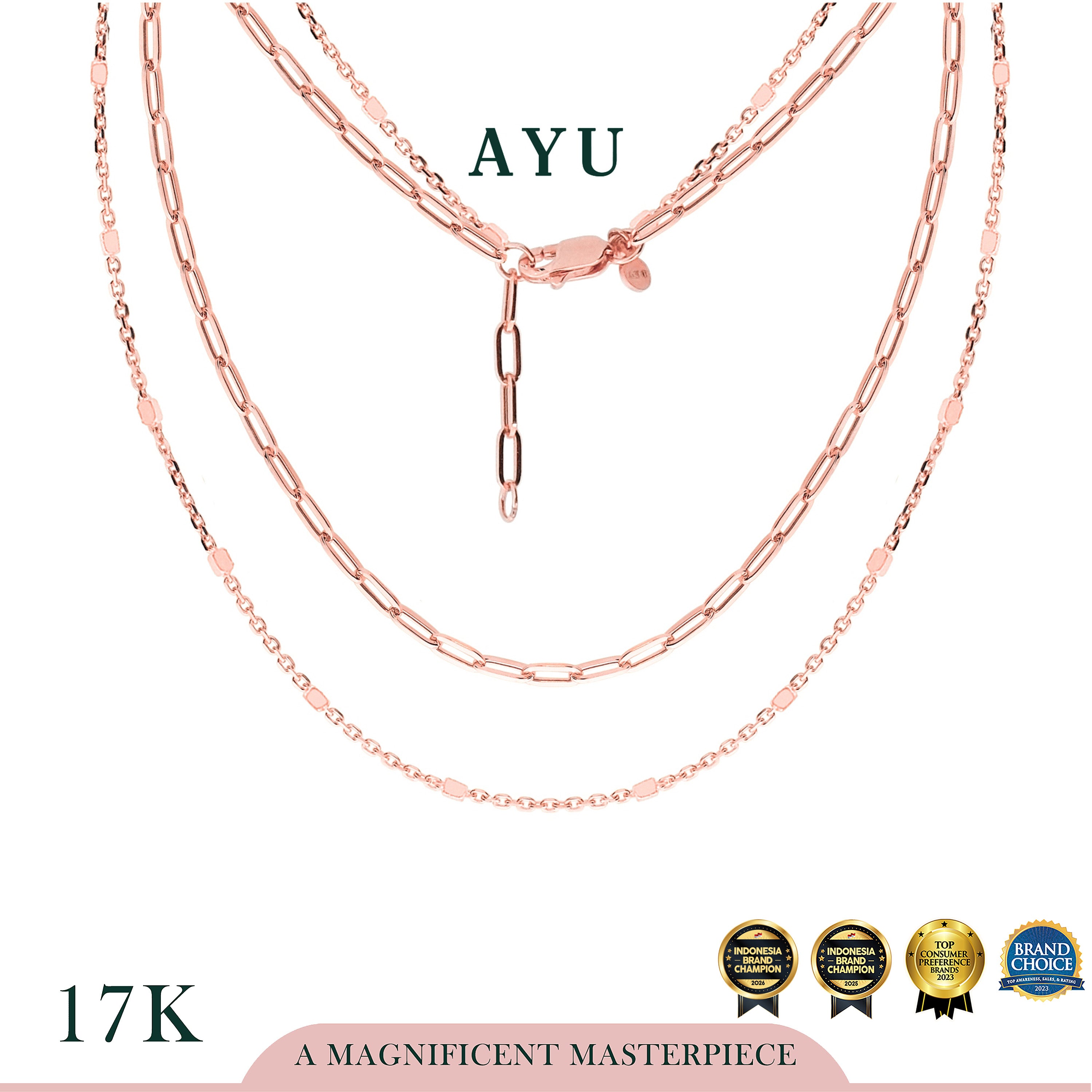 AYU Kalung Emas - Double Layer Paper Clip And Bling Beads Necklace 17k Rose Gold