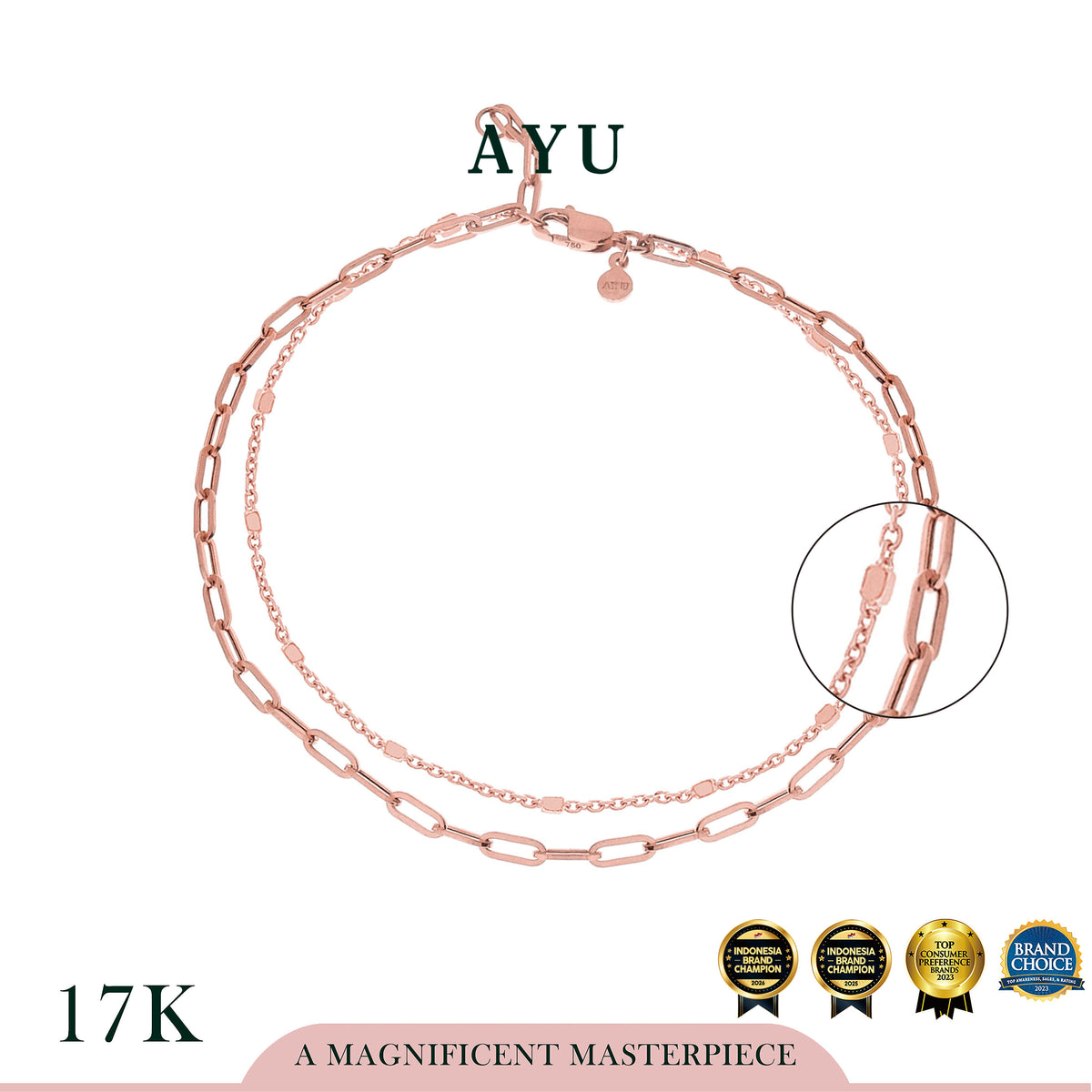 AYU Double Layer Paper Clip And Bling Beads Bracelet 17k Rose Gold